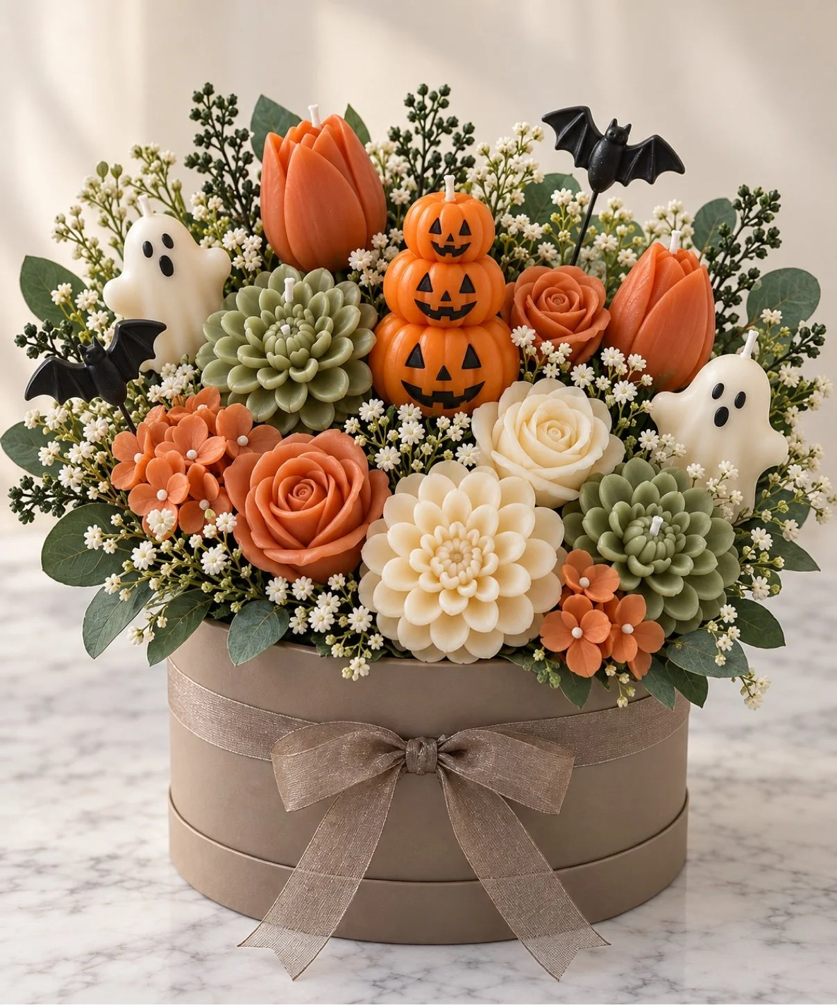 Jack-o'-Lantern Jubilee Halloween candle bouquet with orange roses, white blooms, mini pumpkins, ghosts and bats in a taupe hat box with bow