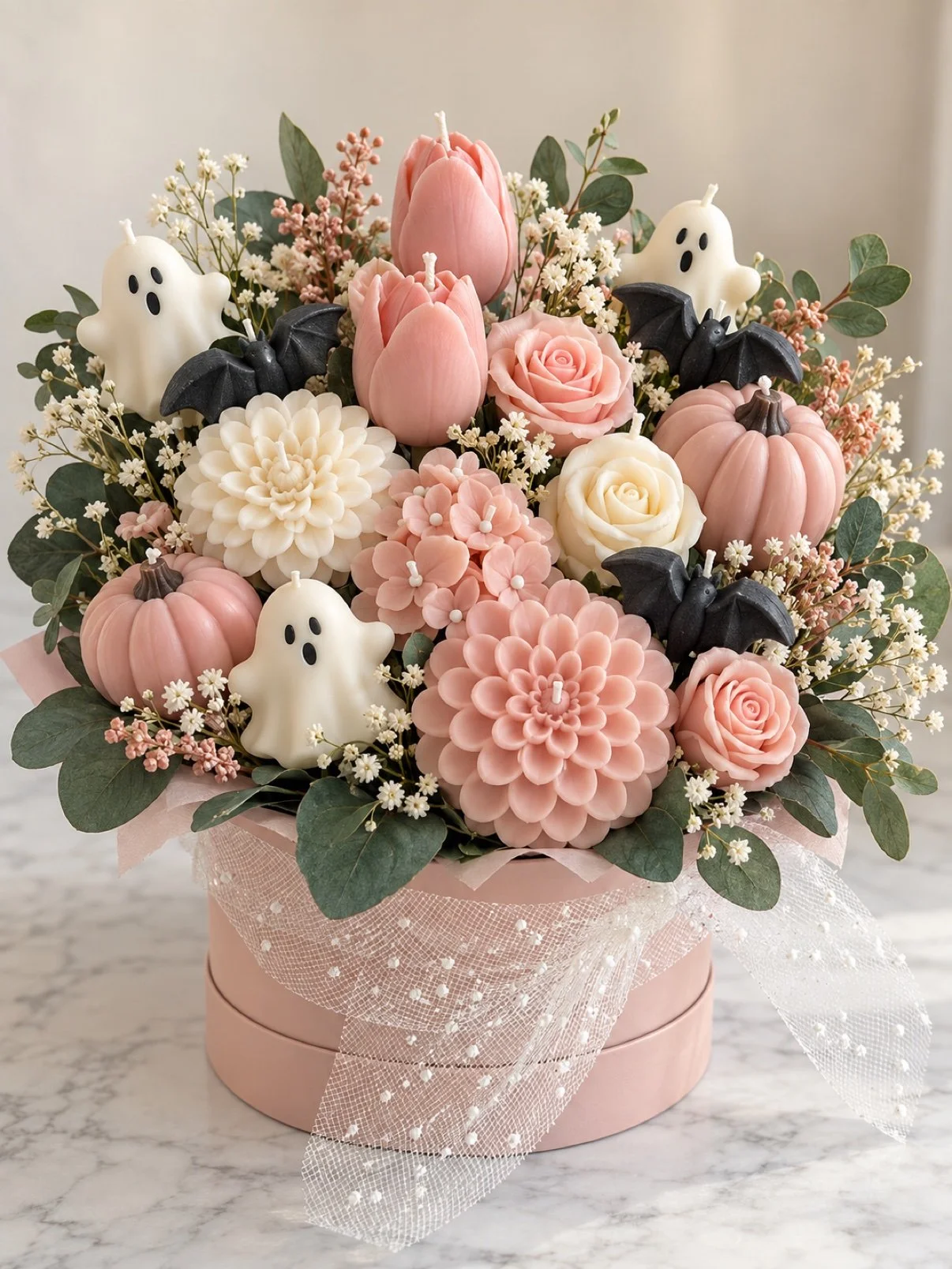 Pretty Spooky Halloween candle bouquet with pink roses, pink dahlias and white ghosts in a pink hat box with pink ribbon