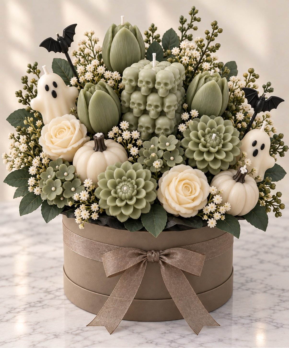 Ghostly Garden Halloween candle bouquet with white roses, green succulents, white pumpkins, ghost figures and black bats in a taupe hat box with bow