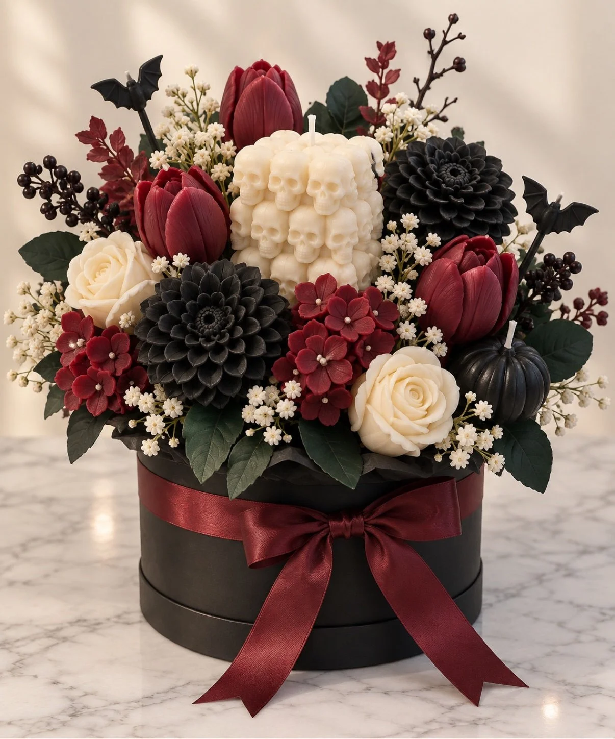 Dark Romance Halloween candle bouquet with burgundy roses, black dahlias and ivory blooms in a black hat box with burgundy ribbon bow
