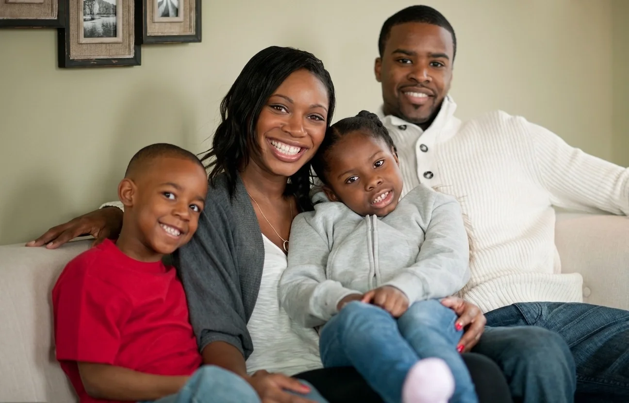 Family of four sitting on a beige couch, smiling at the camera in a living room with framed pictures on the wall.