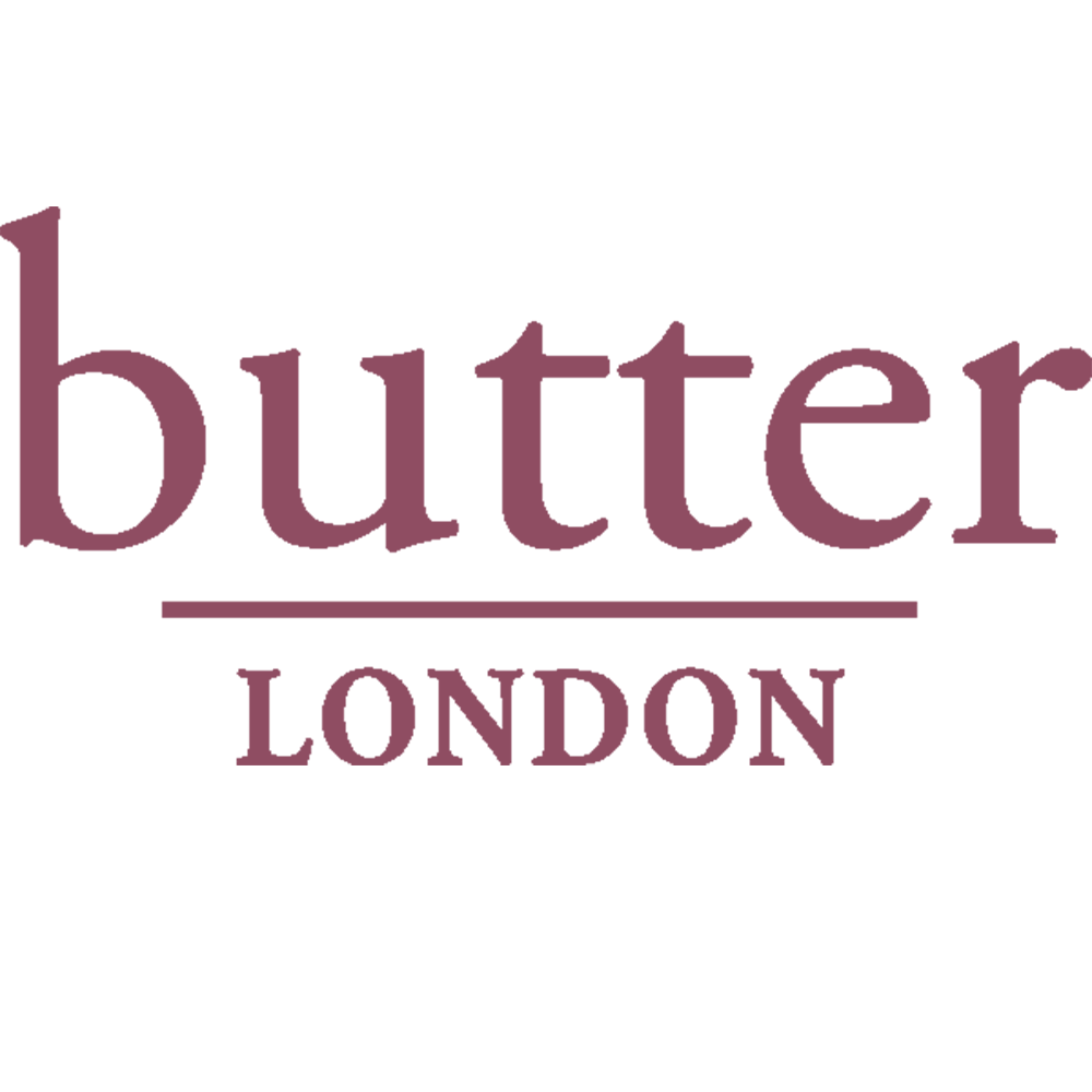 Logo with the words 'butter LONDON' in purple, stylized text with a line underneath 'butter' and the word 'LONDON' in uppercase.
