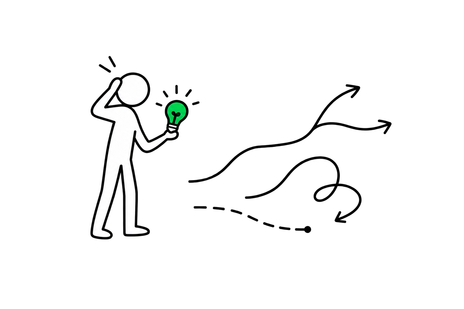 Simple illustration of a founder exploring different paths for turning a business idea into a viable business.