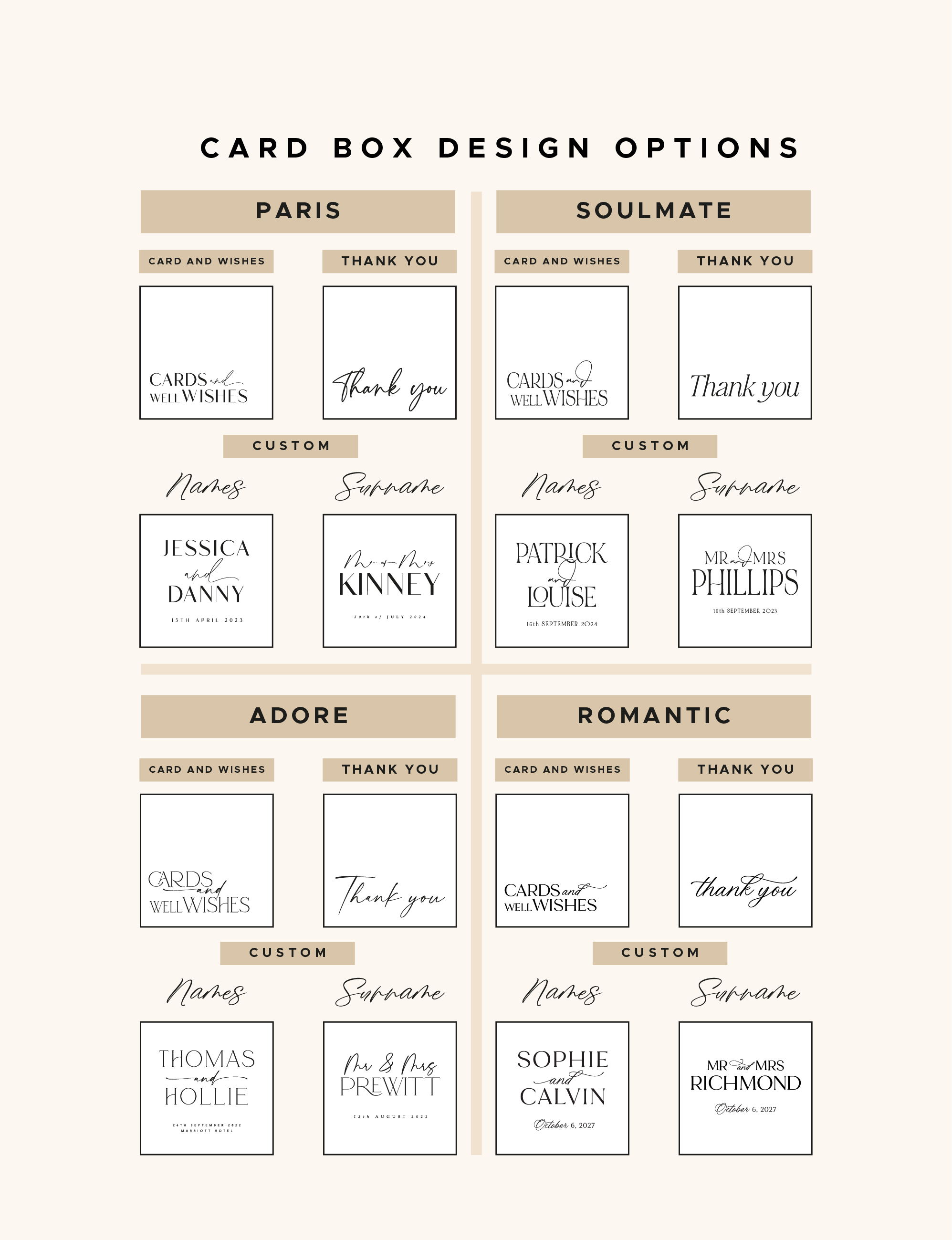 Paris, Soulmate, Adore and Romantic font designs for the acrylic wedding card box