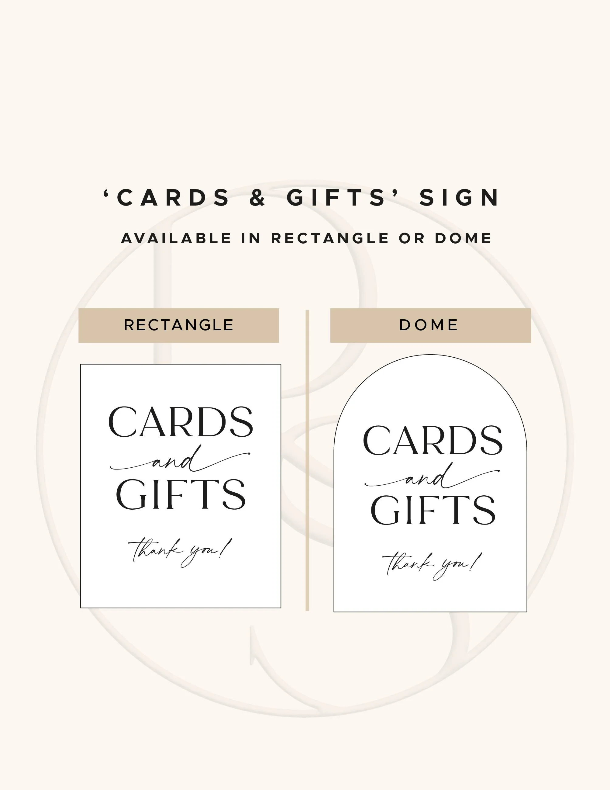 Rectangle and dome shape options for the acrylic Cards and Gifts wedding sign