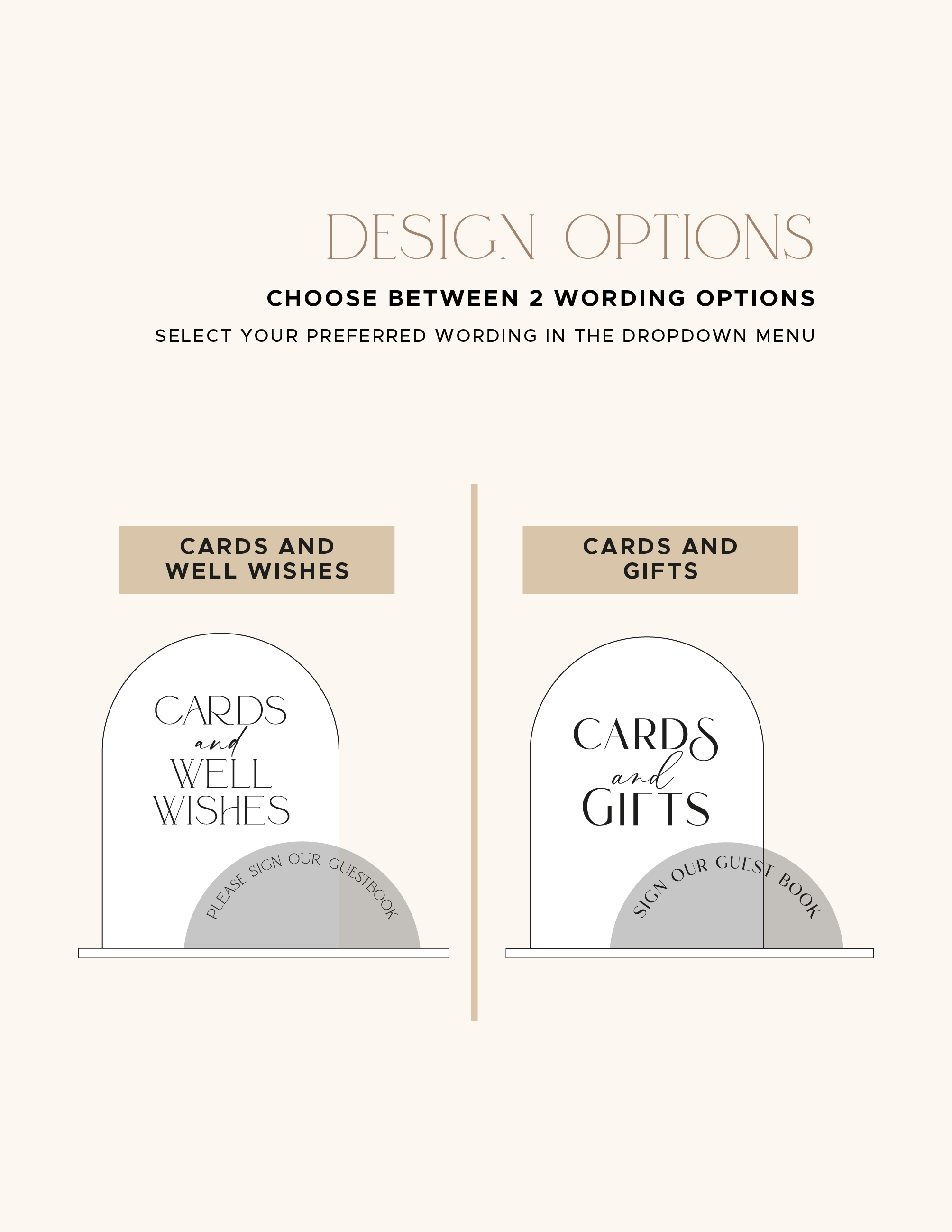 Cards and Well Wishes and Cards and Gifts wording options for the acrylic duo sign