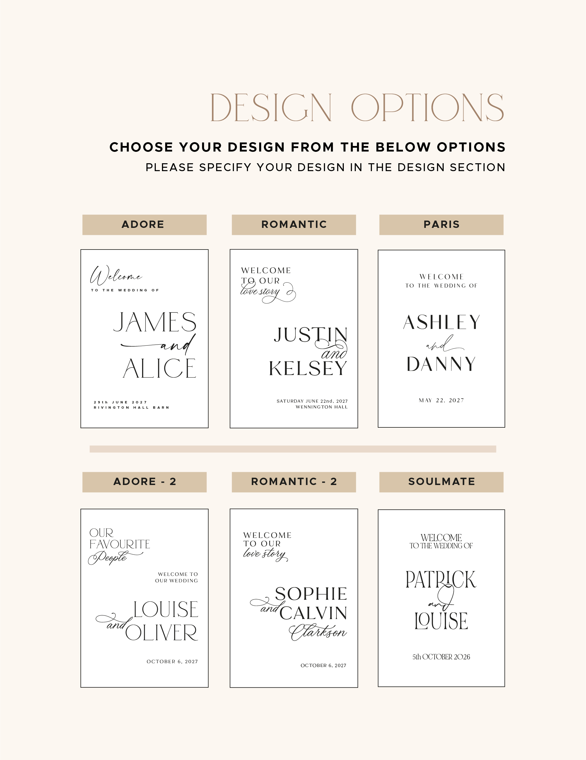 Six personalised wedding welcome sign designs named Adore, Romantic, Paris and Soulmate
