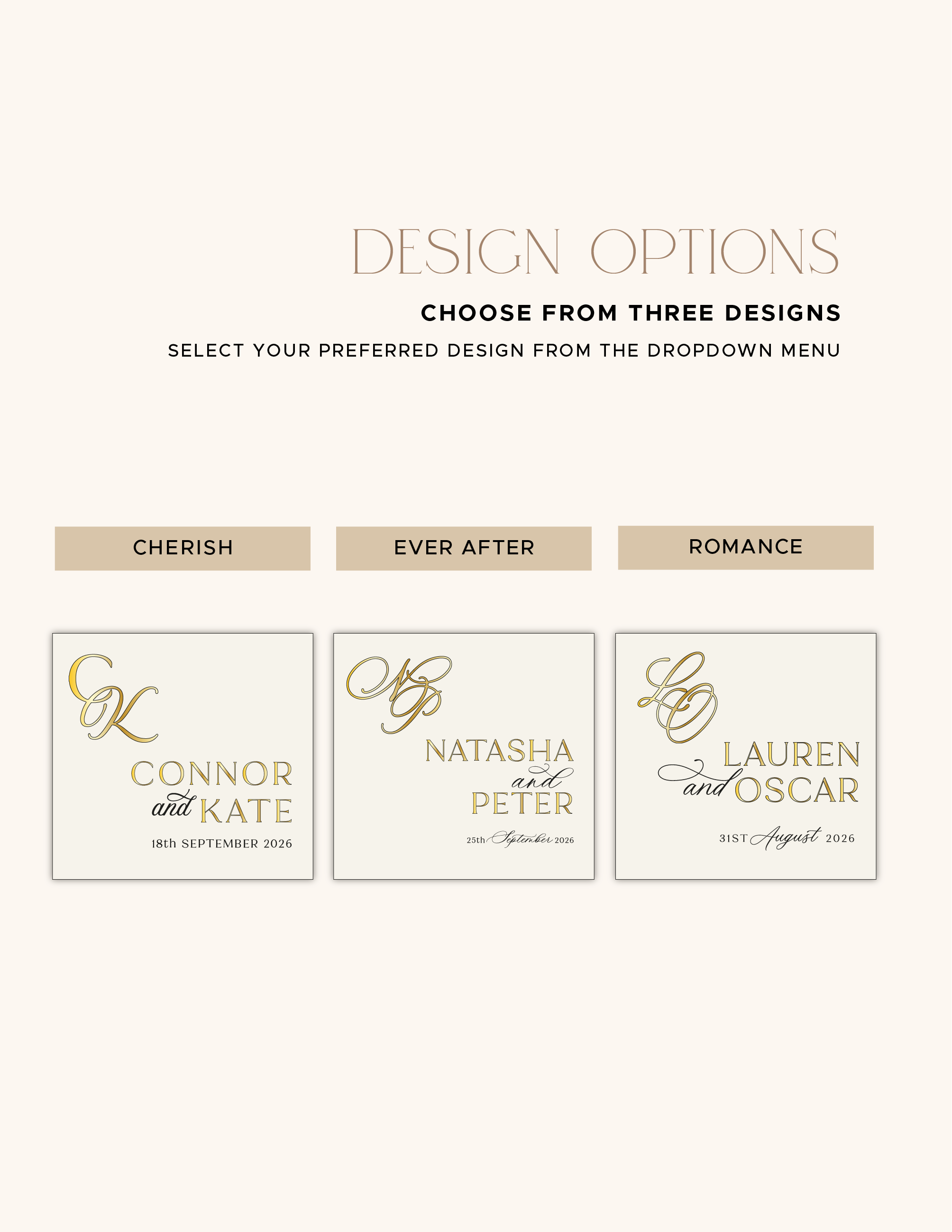 Monogram design options for the personalised acrylic wedding guestbook trio set.