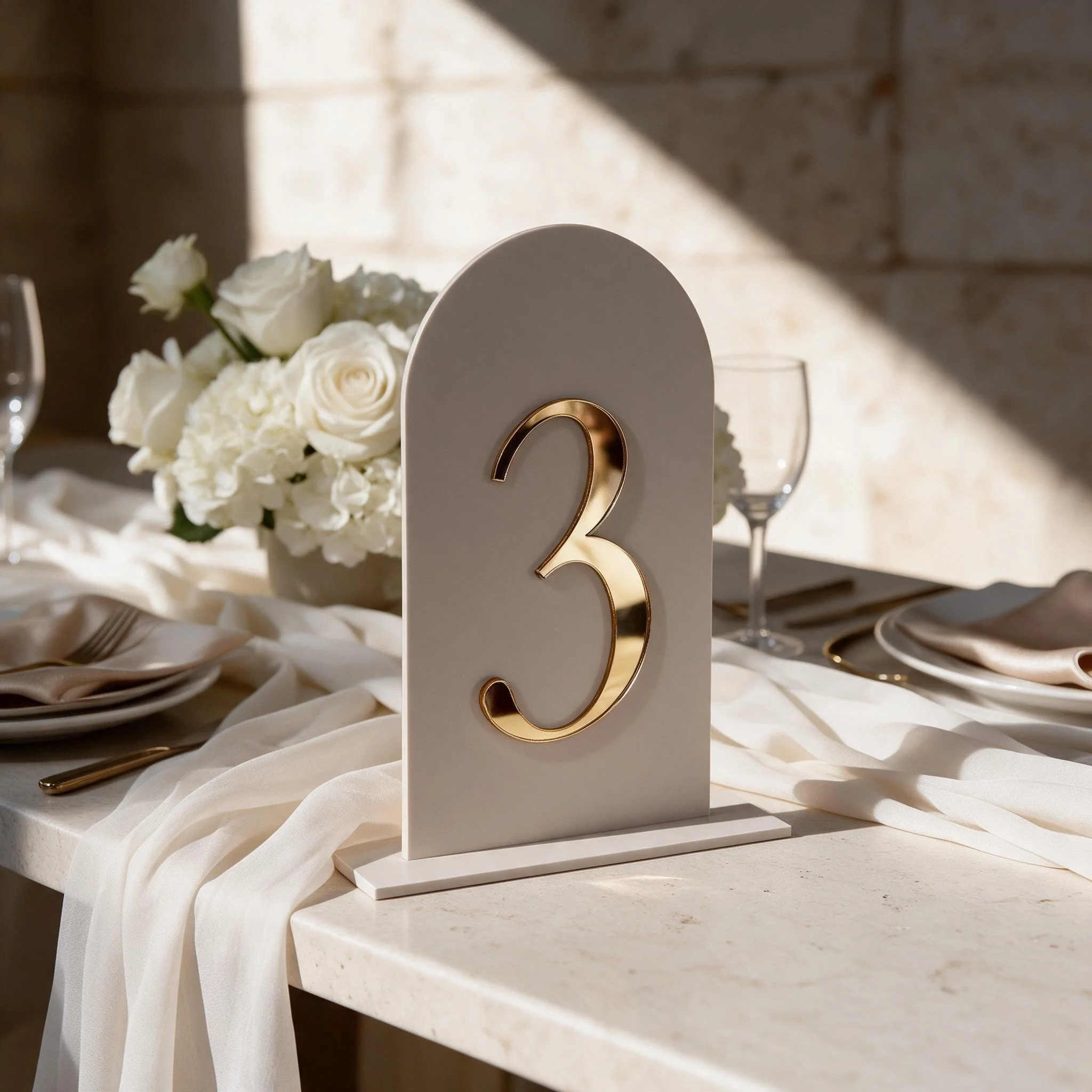 Close-up of an Oyster acrylic wedding table number with raised gold number three on a reception table
