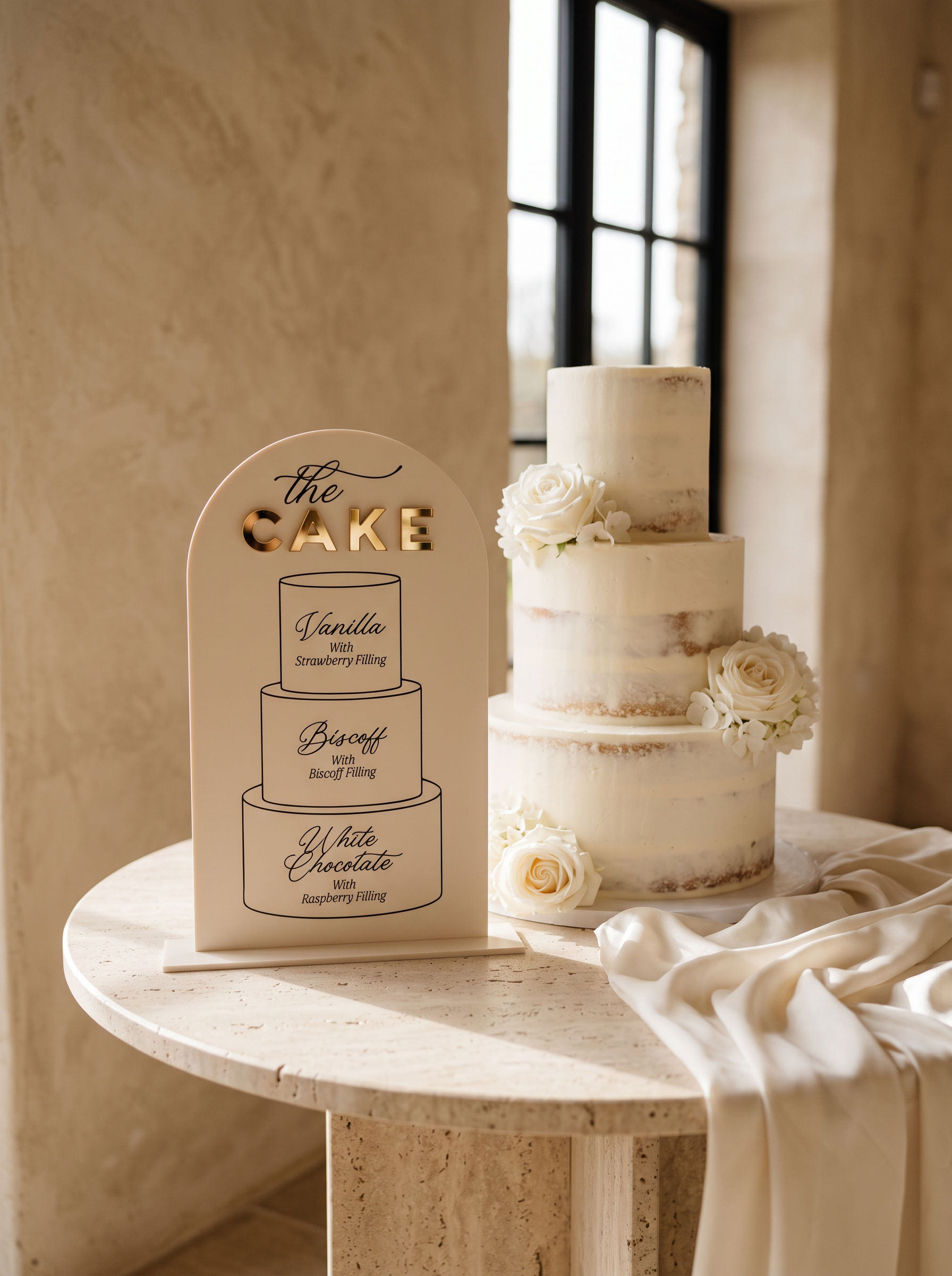 Personalised acrylic cake tier flavour menu displayed beside a three-tier wedding cake