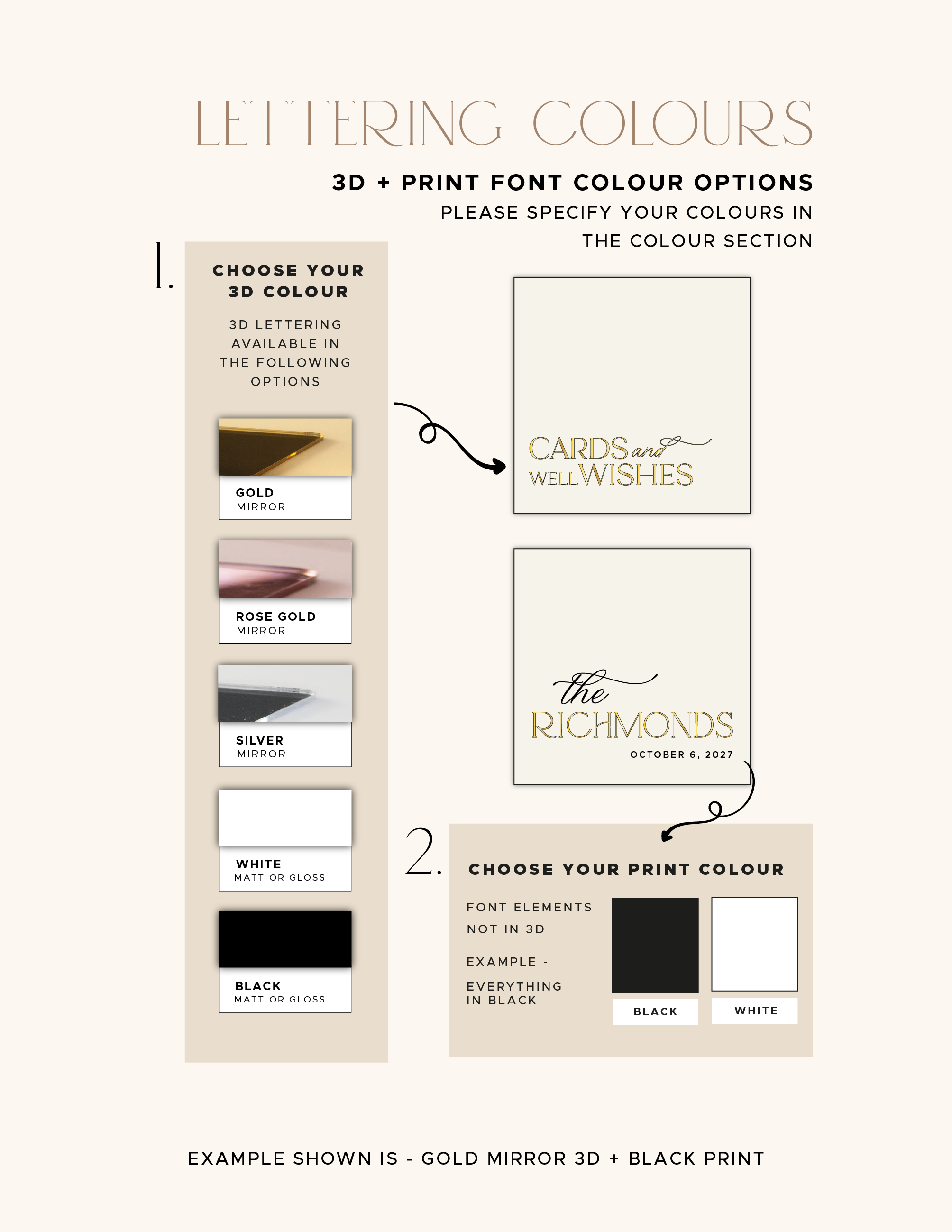 Gold, rose-gold, silver, white and black raised lettering options with black or white printed details
