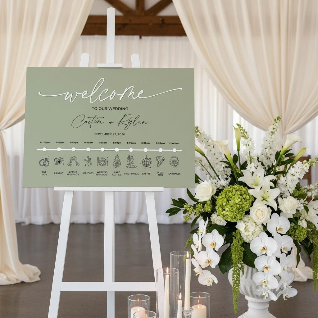 Sage acrylic Welcome and Order of the Day wedding sign with personalised 3D details.