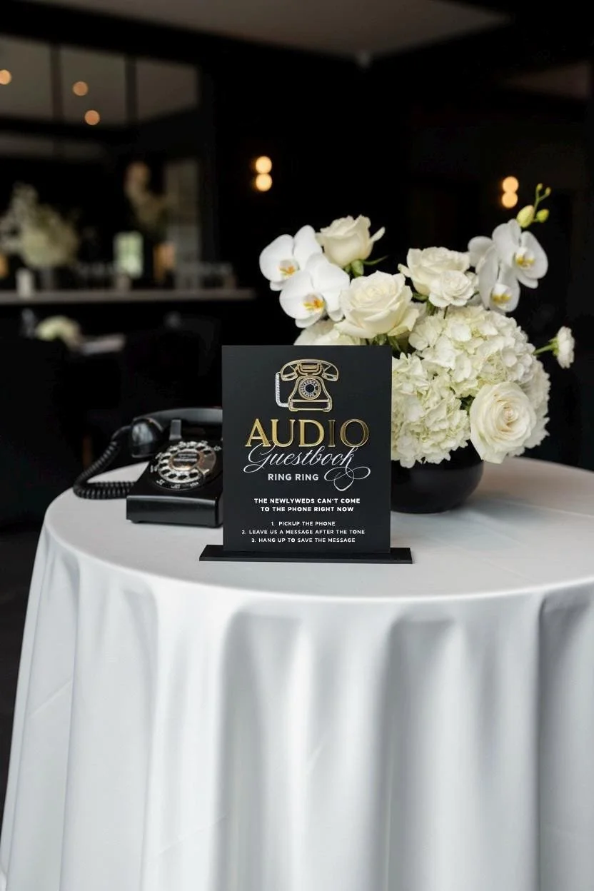 Black acrylic audio guestbook sign with gold raised lettering displayed beside a black telephone