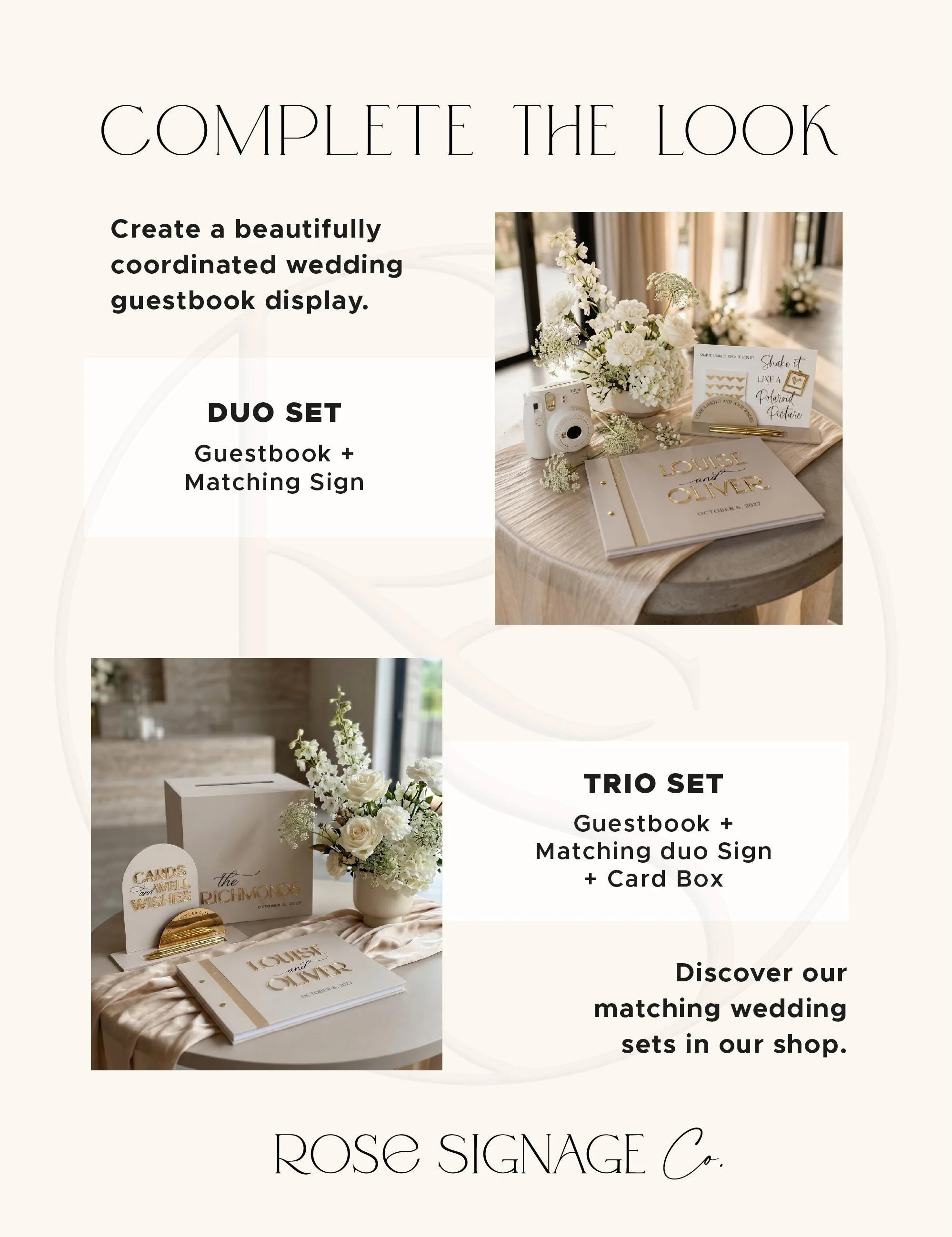 Matching acrylic wedding guestbook duo and trio sets with signs and card boxes