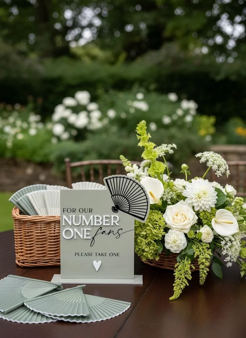 Wedding fan basket sign displayed with handheld fans at an outdoor ceremony.
