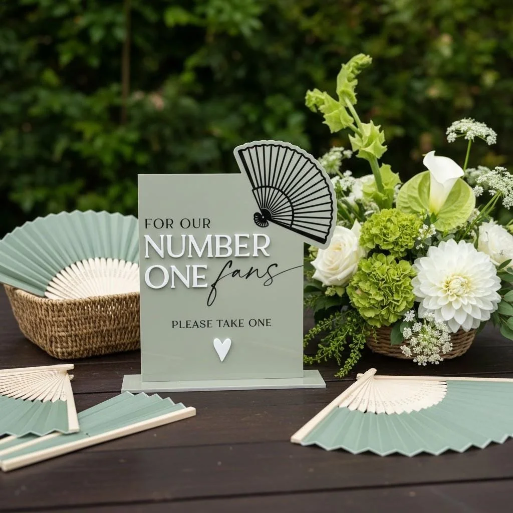 Green acrylic wedding fan sign styled with handheld fans and white flowers.