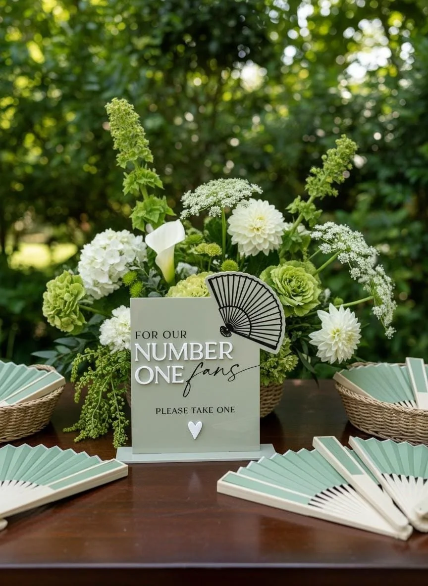 Number One Fans acrylic sign displayed at a summer wedding fan station.