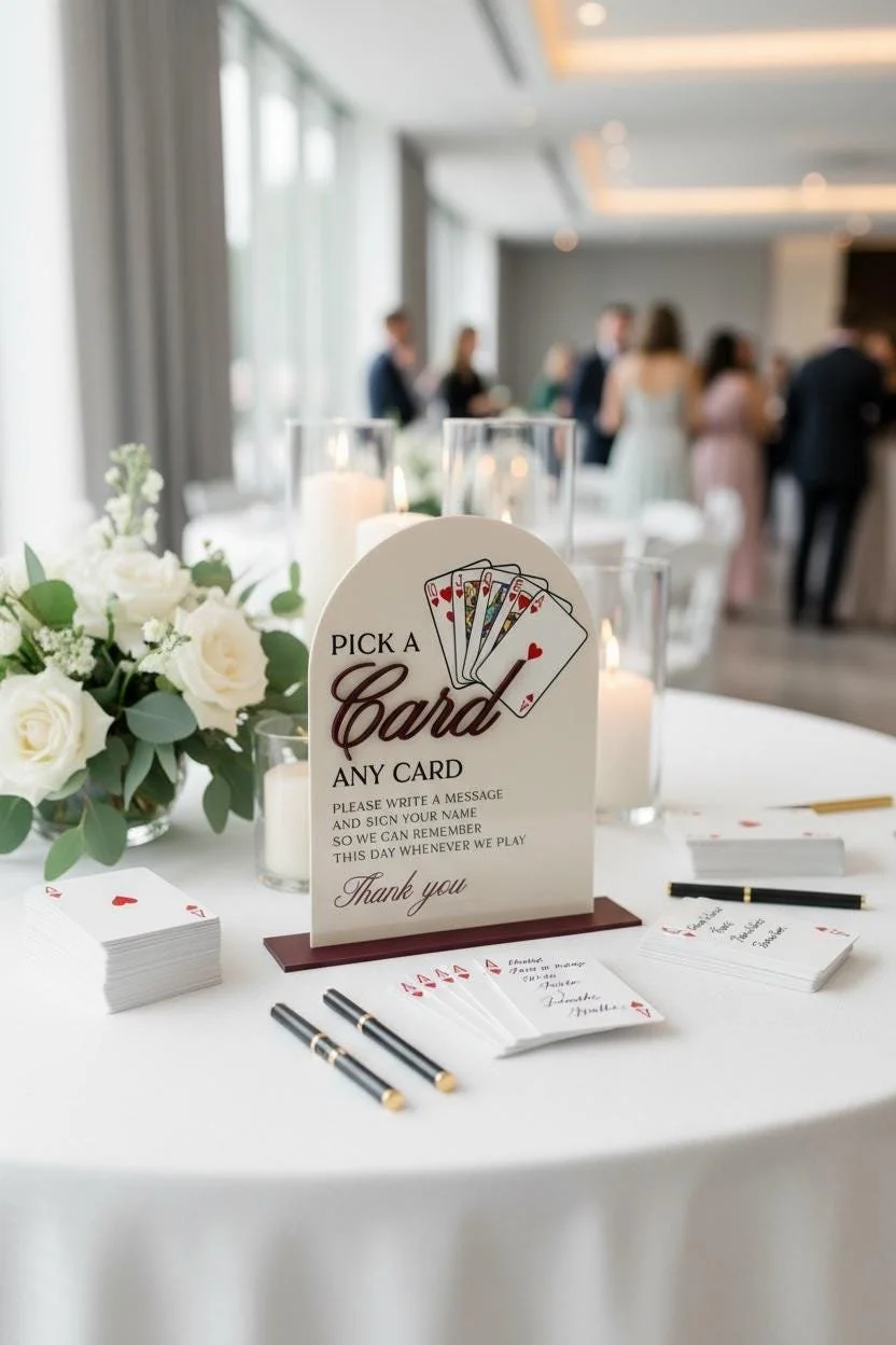 Acrylic playing-card guestbook instruction sign displayed on a wedding reception table