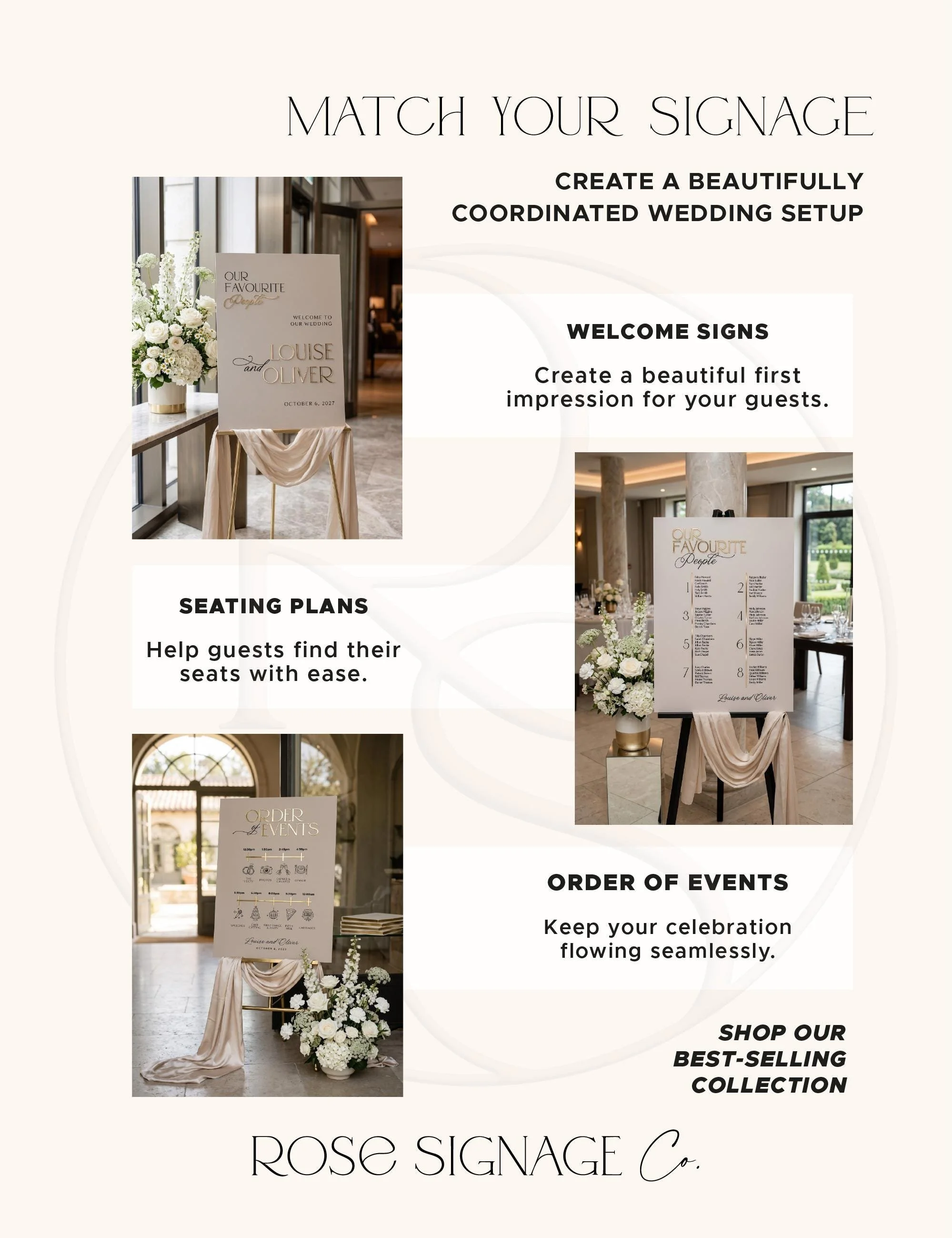 Coordinating acrylic wedding welcome sign, seating plan and order of the day sign
