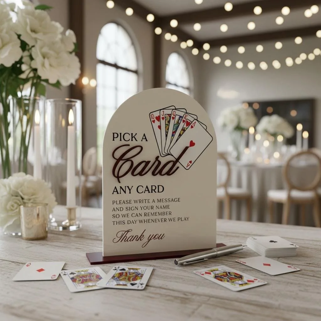 Dome acrylic Pick a Card wedding guestbook sign displayed with playing cards at a reception.