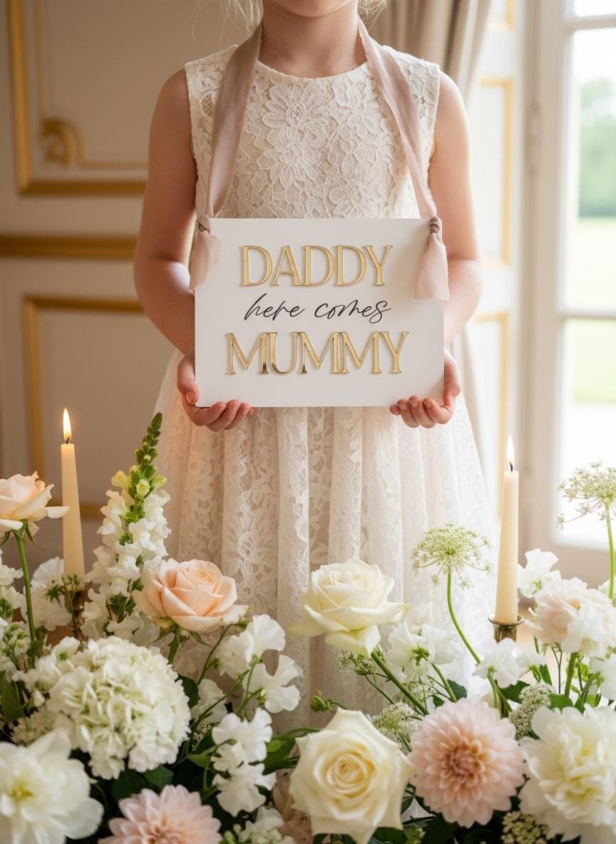 Child carrying a white acrylic Daddy here comes Mummy wedding aisle sign with gold raised lettering