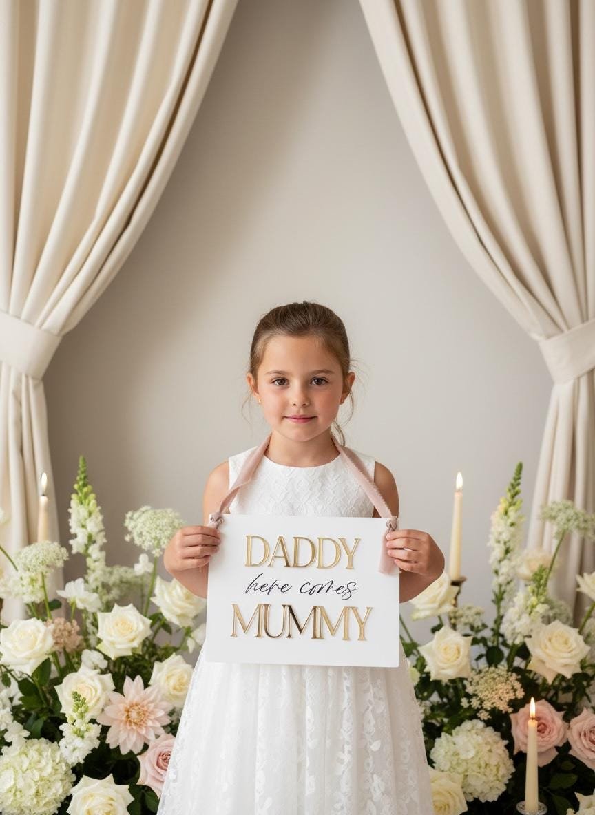 Flower girl holding a personalised acrylic Here Comes Mummy sign at a wedding ceremony