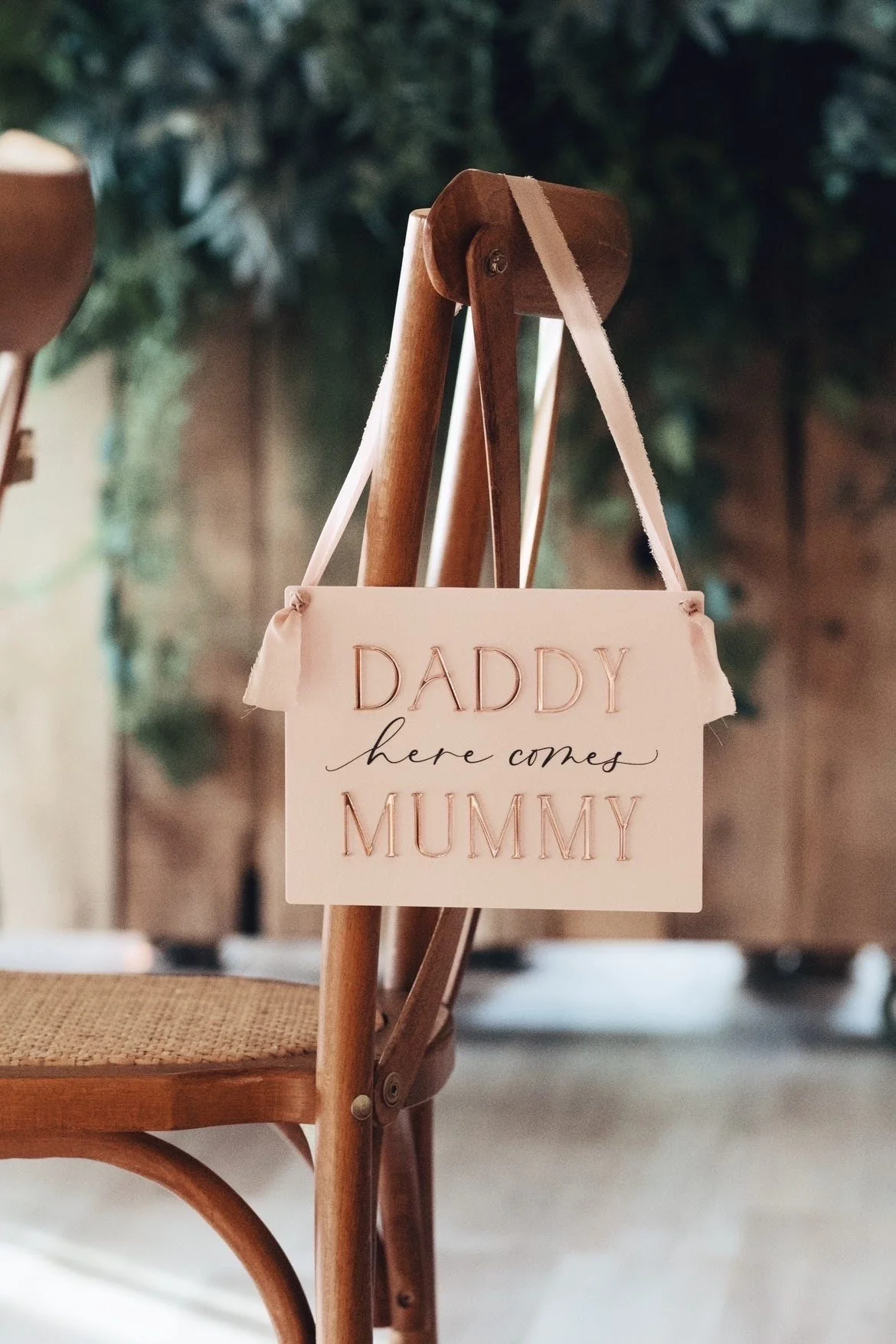 Acrylic Daddy here comes Mummy wedding sign with nude satin hanging ribbon