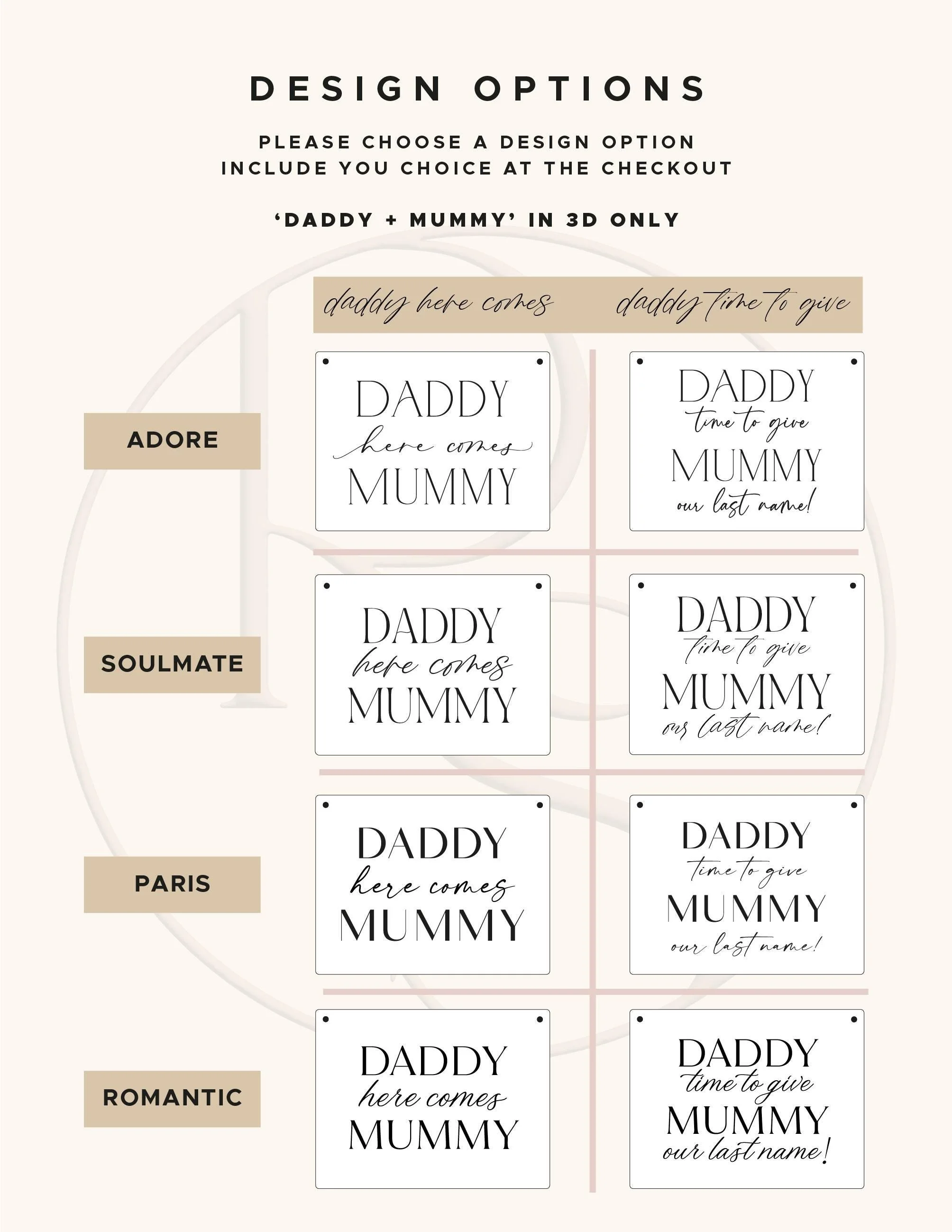 Adore, Soulmate, Paris and Romantic font designs for the Here Comes Mummy wedding sign