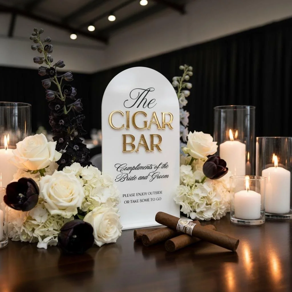 White rectangular acrylic Cigar Bar Sign with gold raised lettering