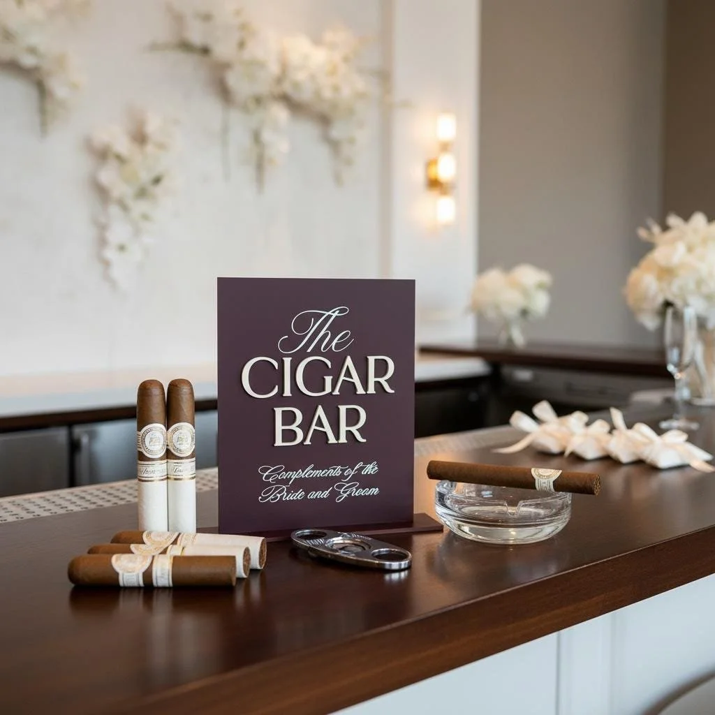 Burgundy acrylic Cigar Bar Sign styled on an elegant wedding cigar table