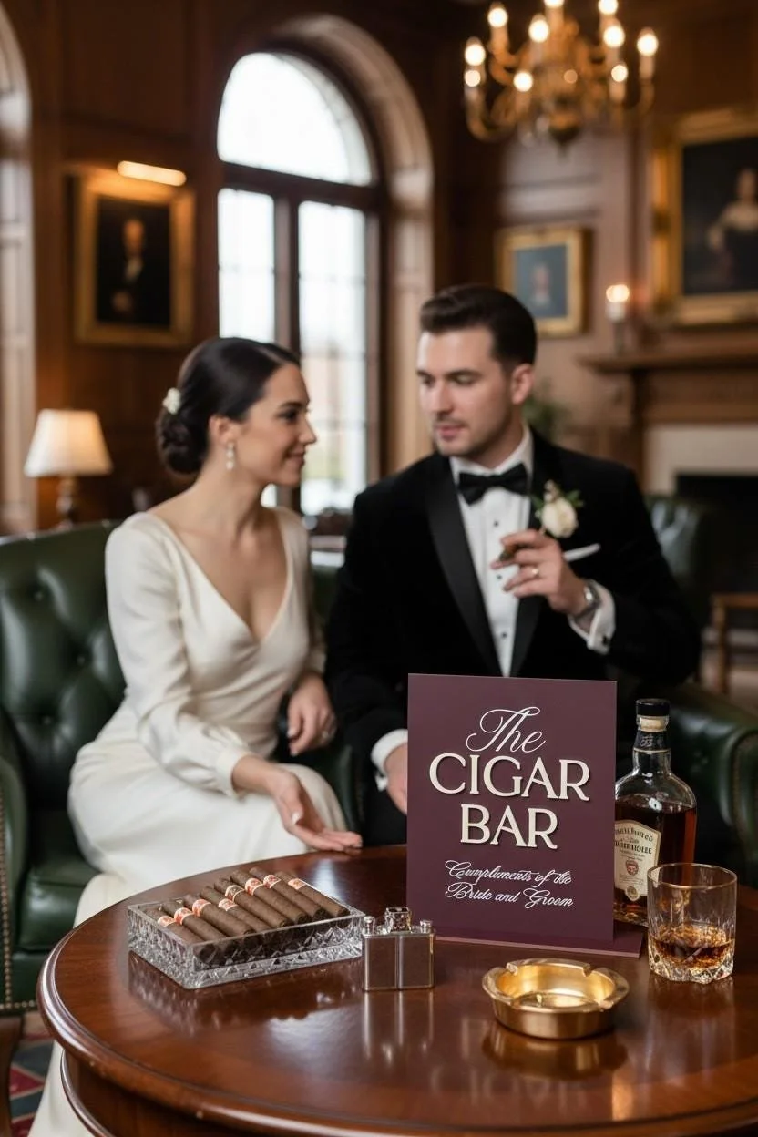 Luxury Cigar Bar Sign displayed at a wedding reception cigar station