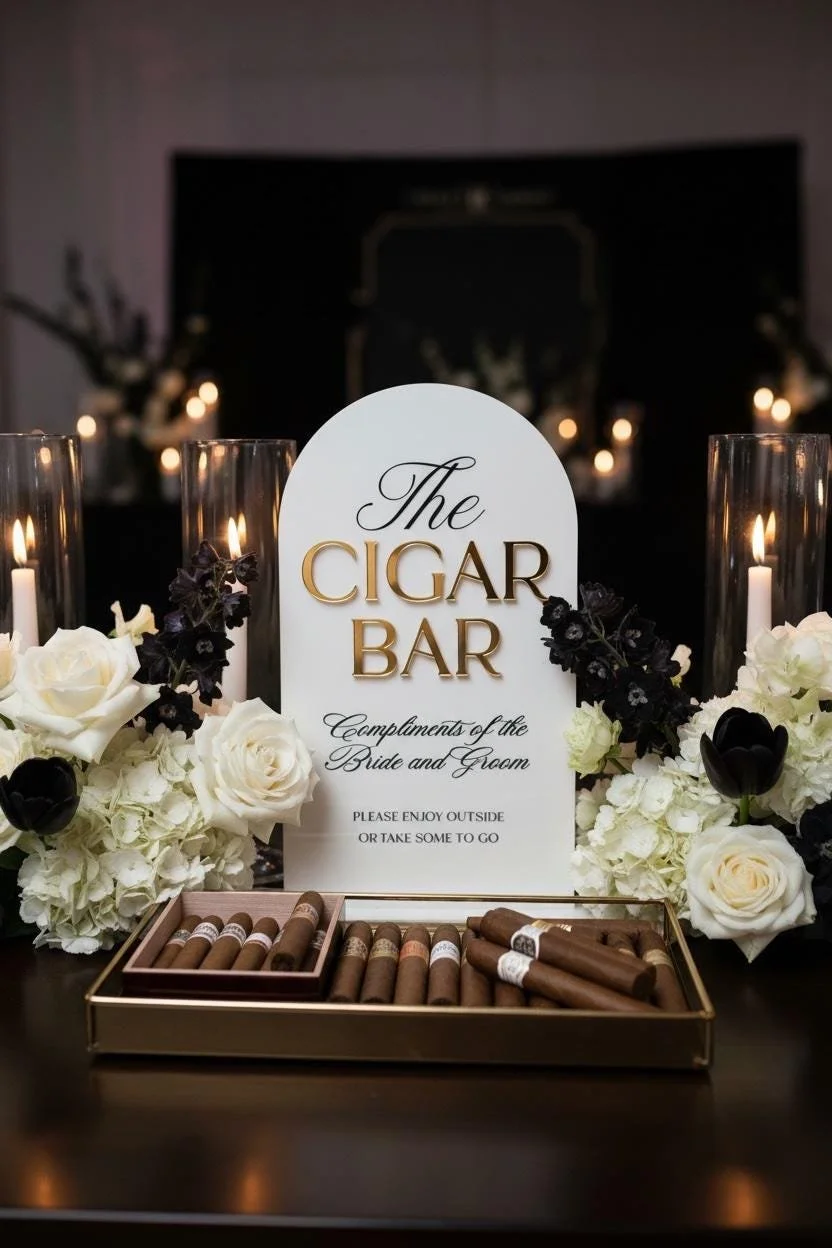White dome-shaped acrylic Cigar Bar Sign with gold mirror lettering