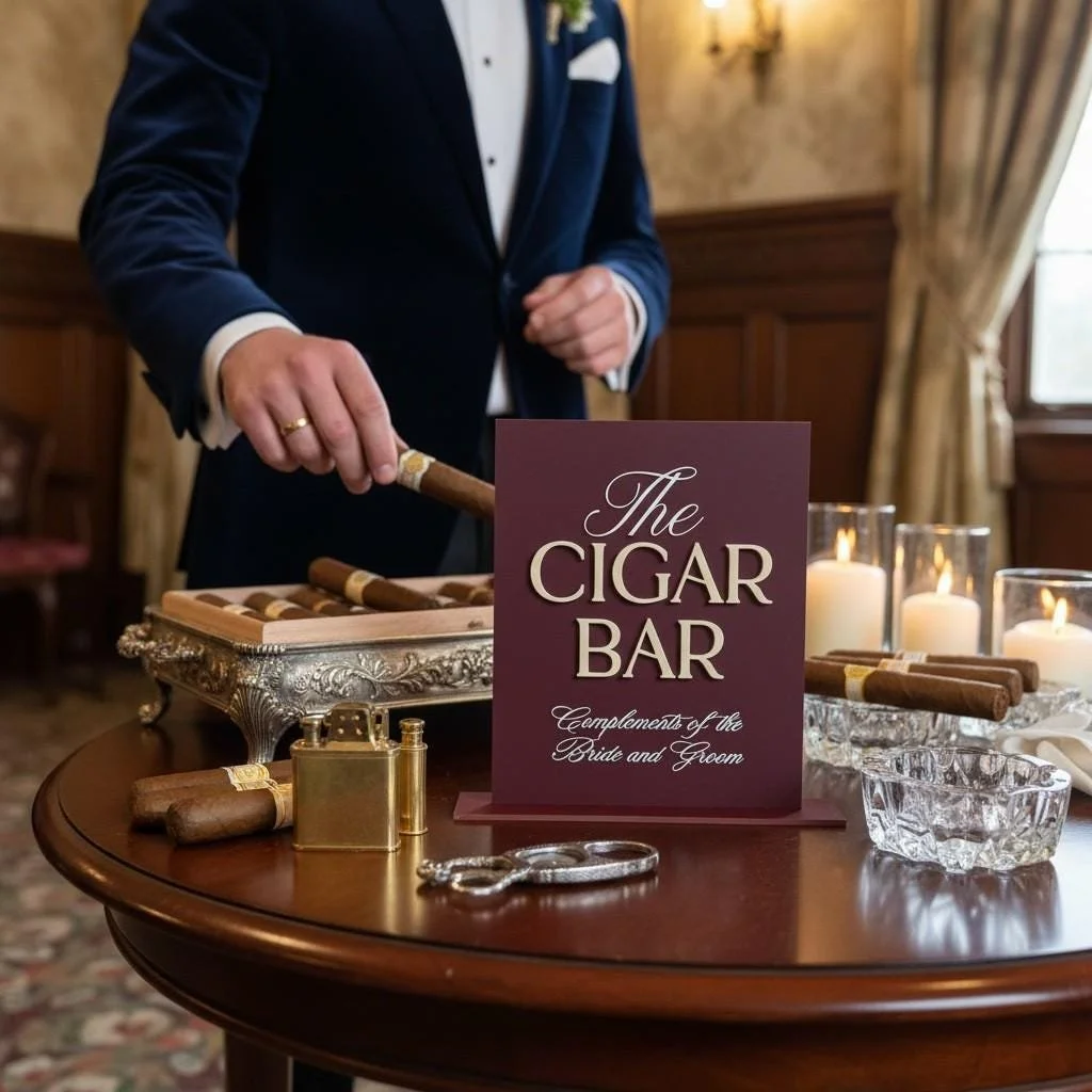 Modern acrylic Cigar Bar Sign displayed with cigars and wedding table decorations