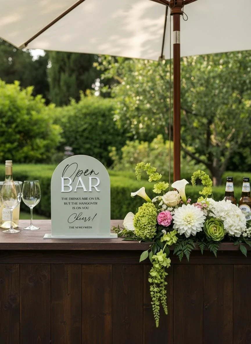 Acrylic Open Bar sign displayed at an outdoor wedding drinks station