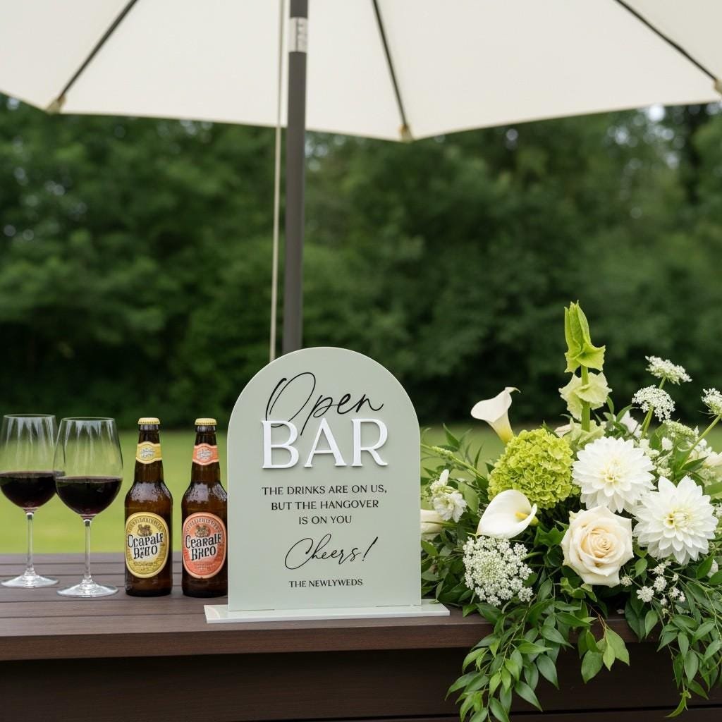 Modern acrylic wedding drinks sign styled on an outdoor bar