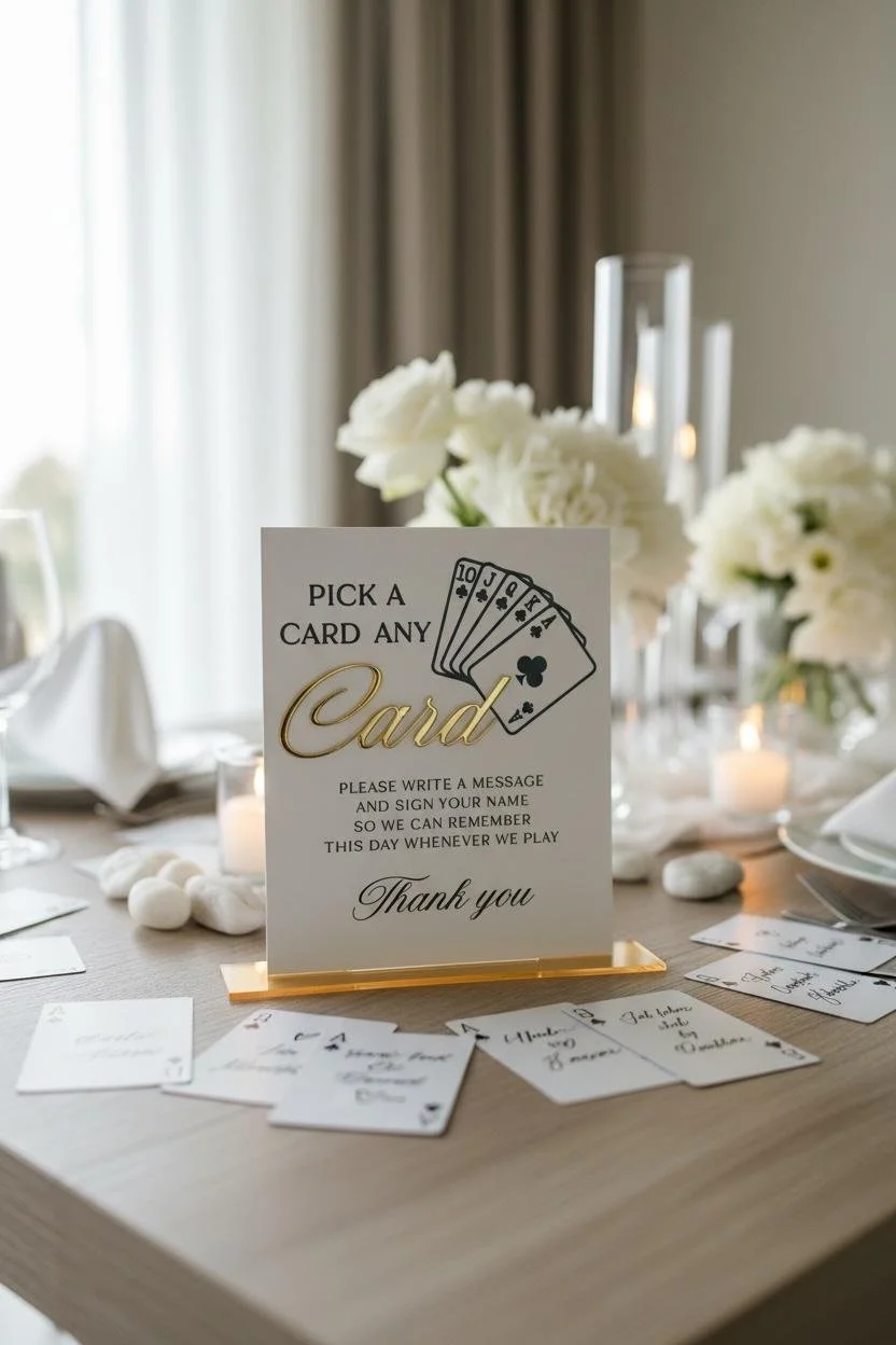 Acrylic guestbook sign displayed on a wedding table with playing cards for handwritten messages.