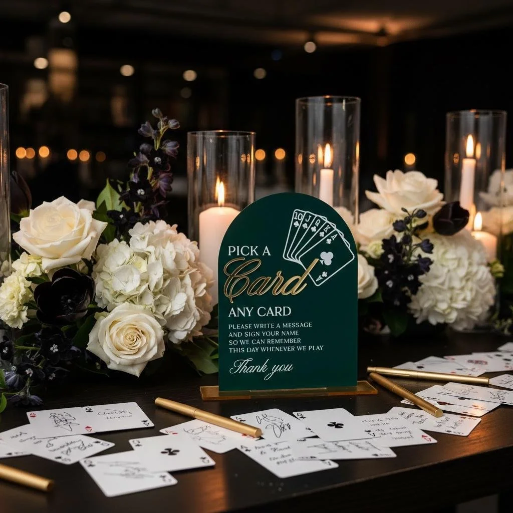 Green acrylic playing-card guestbook sign displayed with handwritten guest message cards.