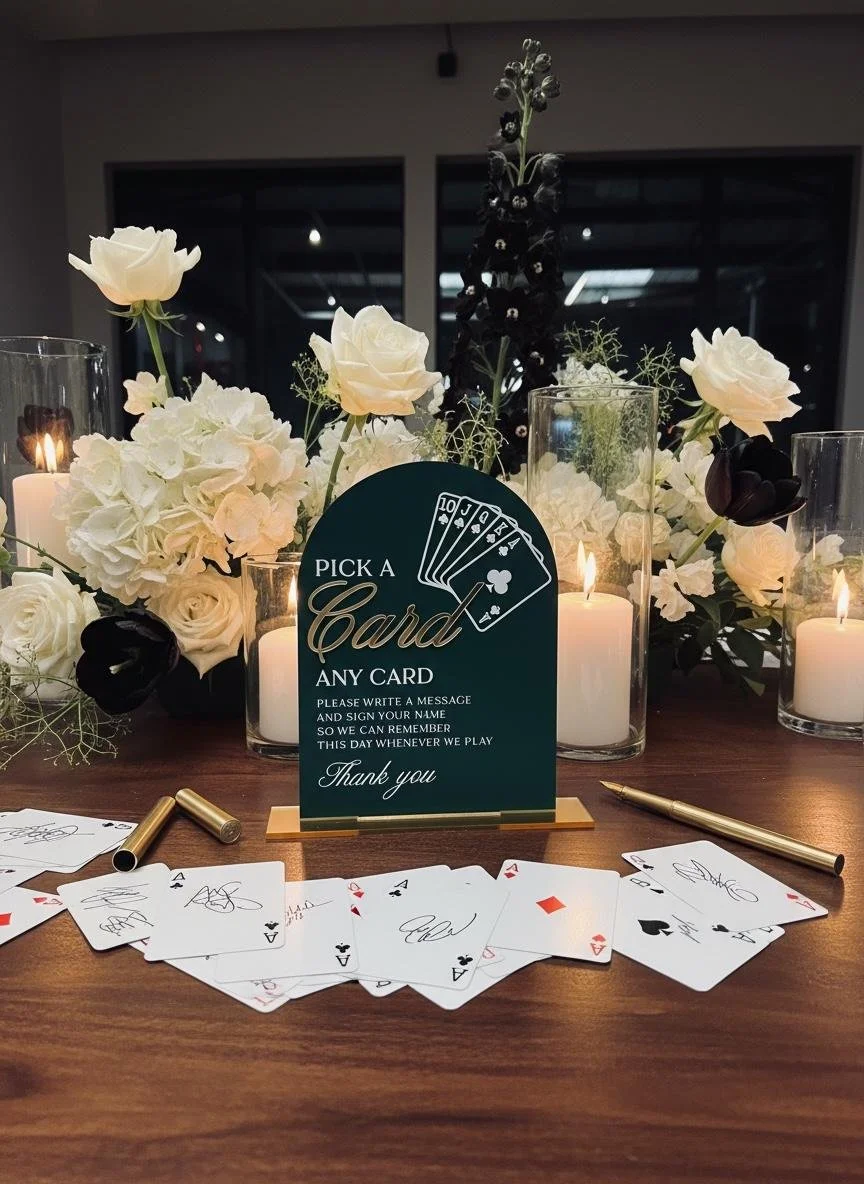 Emerald green Pick a Card and Leave a Note sign with playing cards at a wedding reception.
