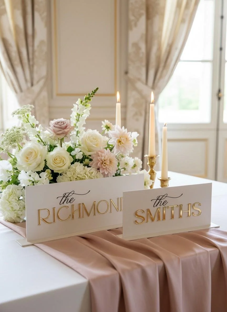 Standard and mini personalised acrylic top table signs with raised gold mirror surnames