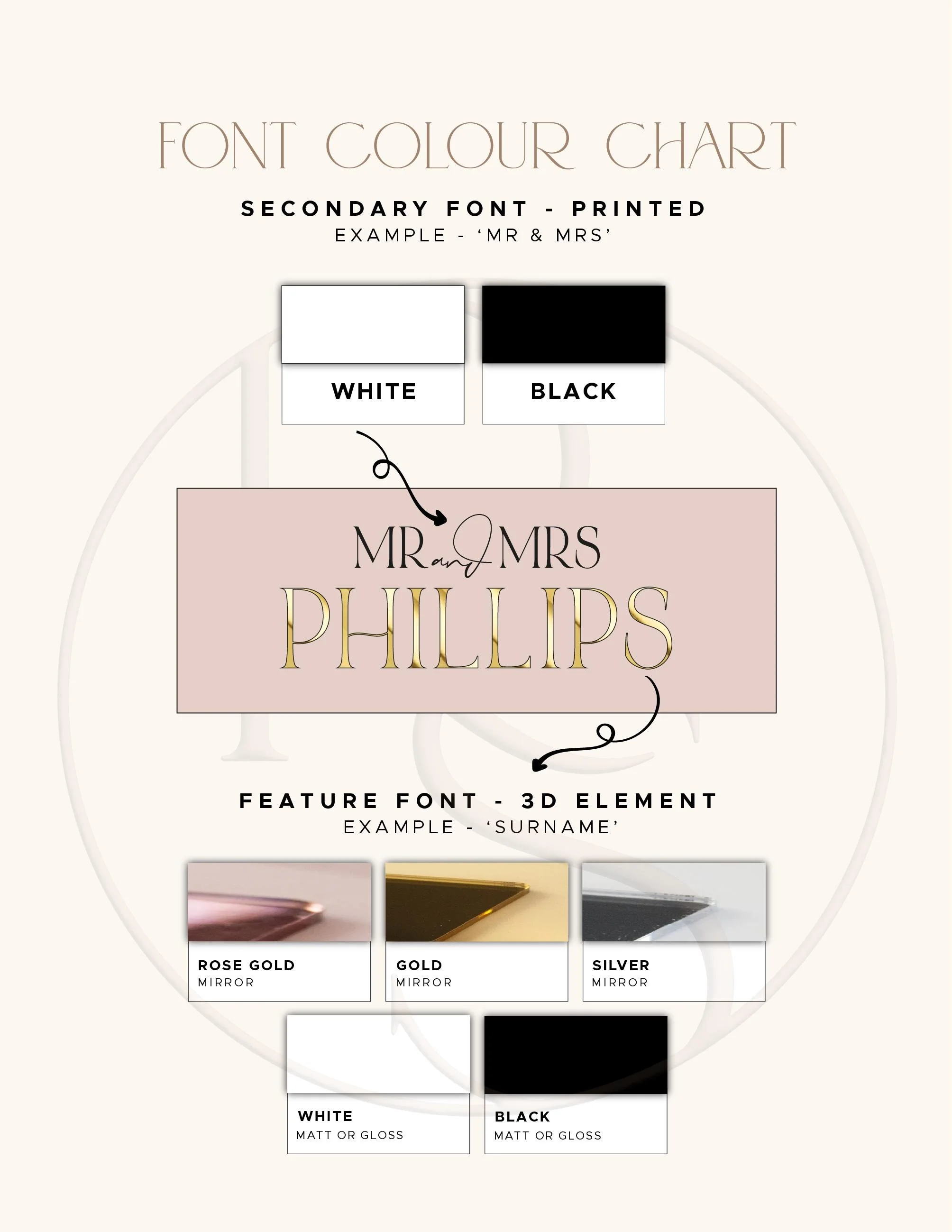 Gold, rose gold, silver, white and black 3D surname options with black or white printed wording