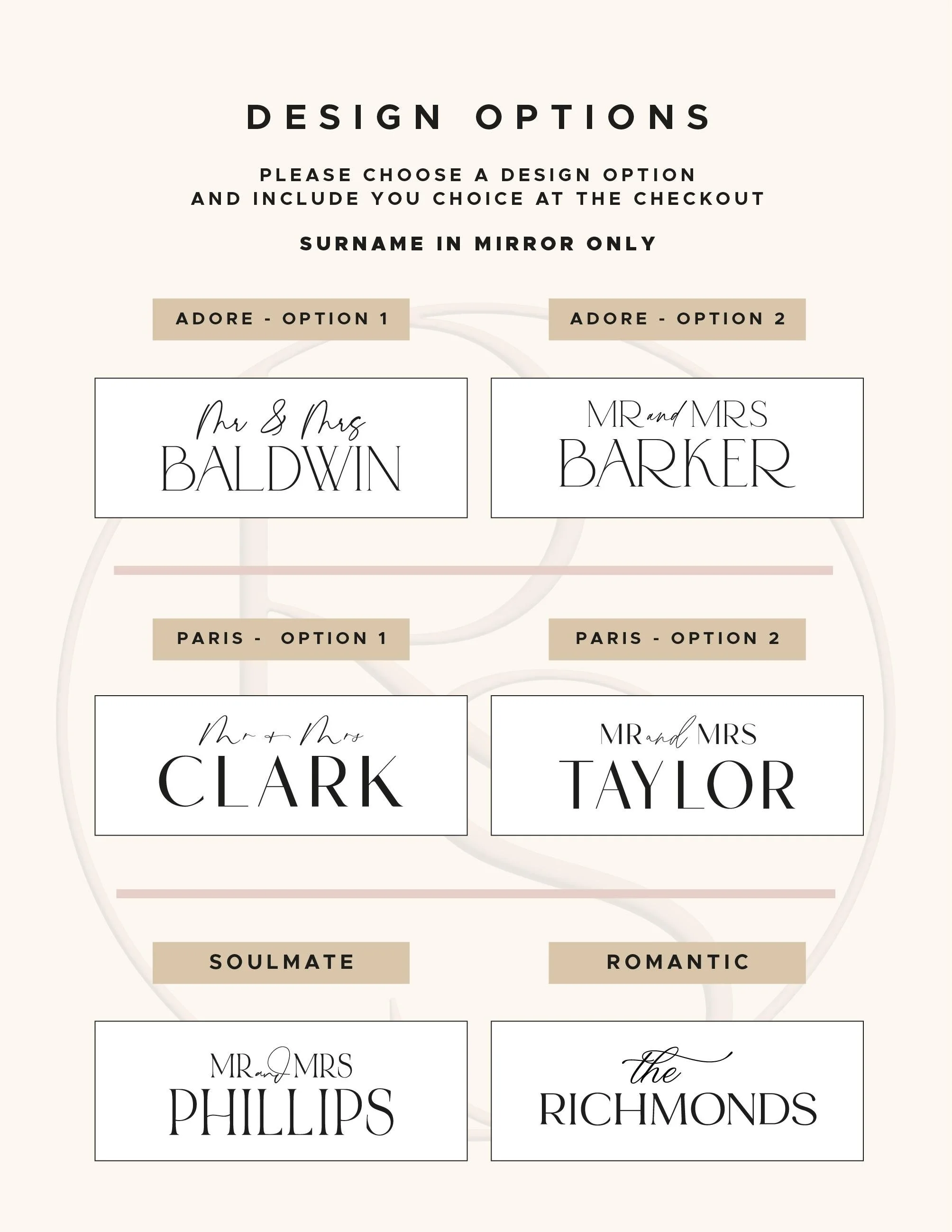 Six design options for personalised acrylic wedding top table surname signs