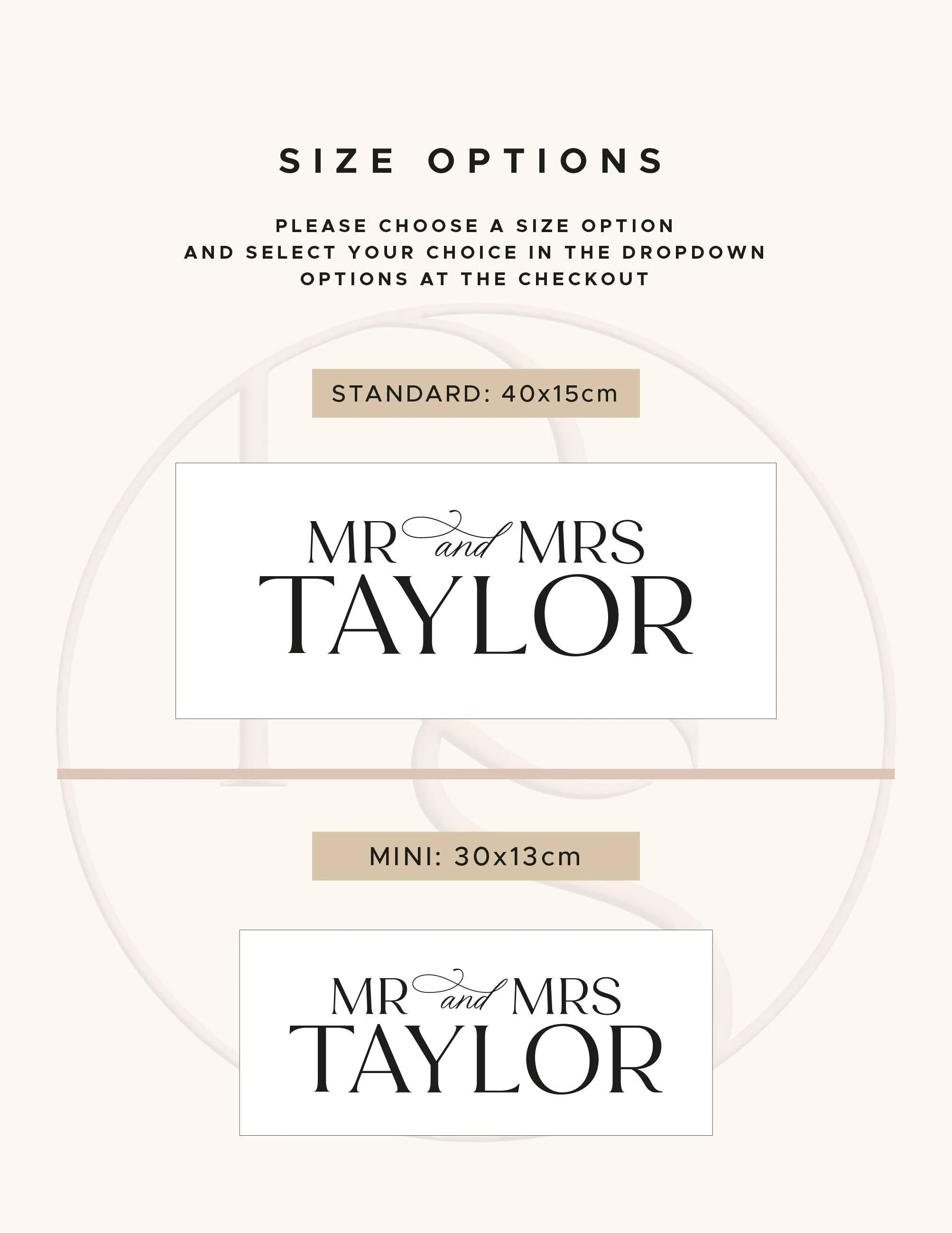 Wedding top table sign size guide showing Mini 30 × 13cm and Standard 40 × 15cm