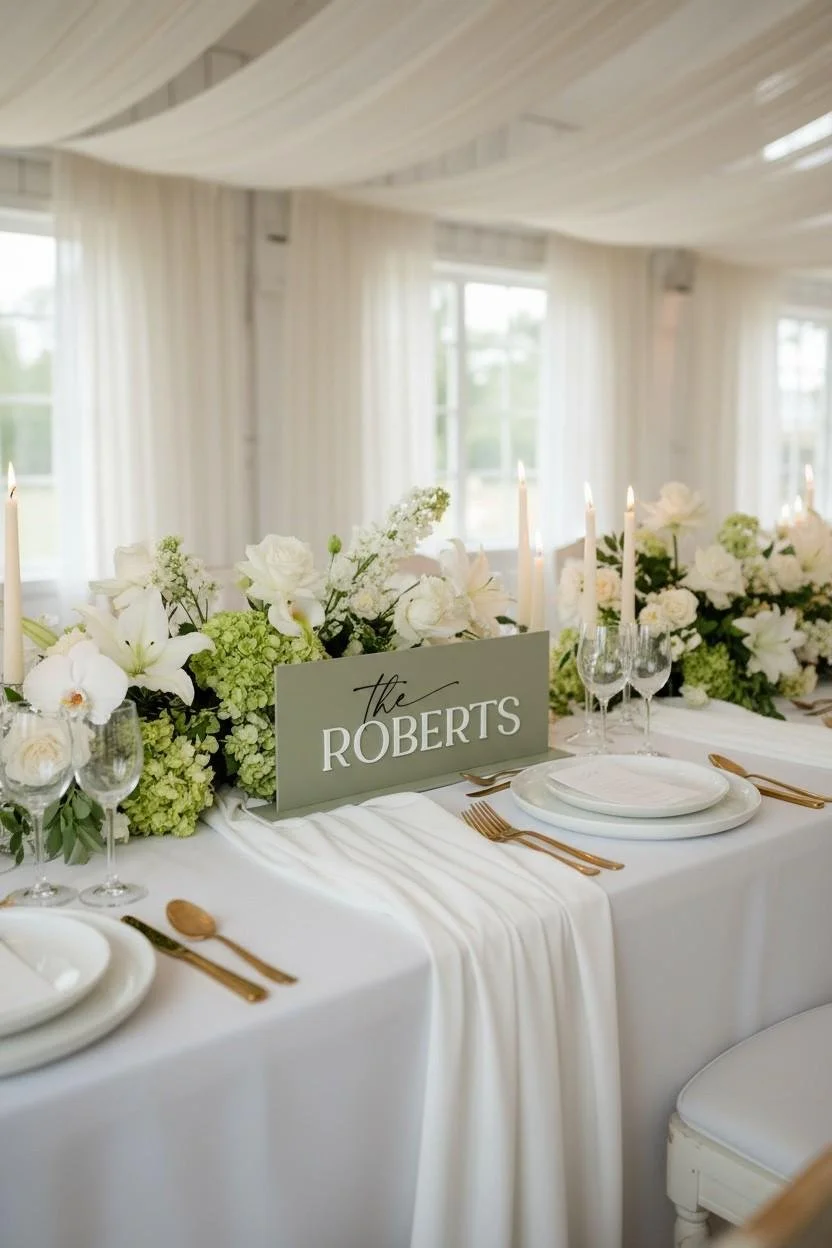 Sage acrylic wedding top table sign with raised white Roberts surname surrounded by white flowers.