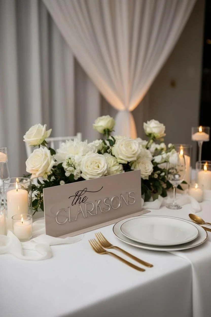 Taupe acrylic wedding top table surname sign displayed with white flowers and candlelight.