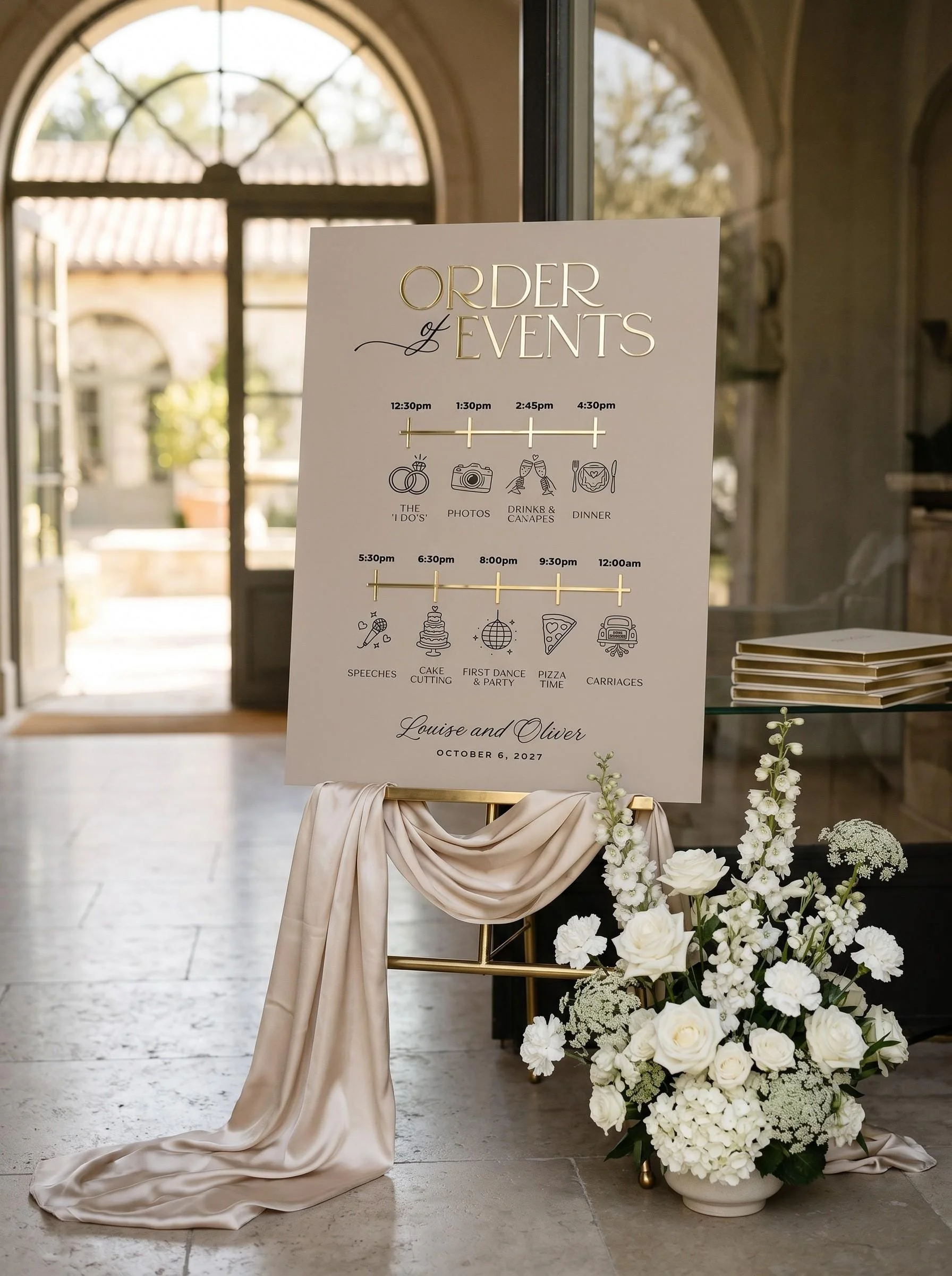 Personalised acrylic wedding Order of the Day sign with raised gold details
