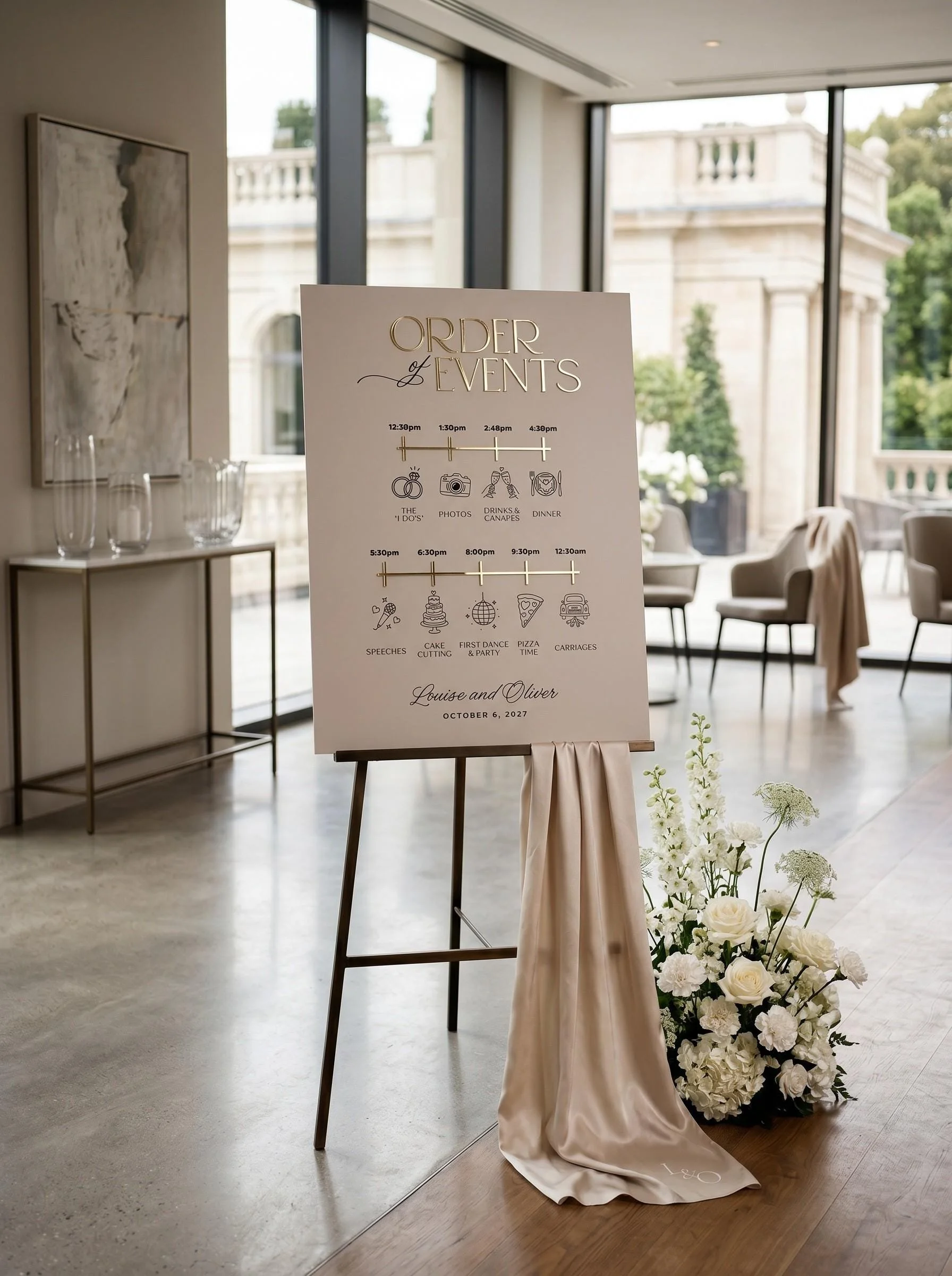Personalised Order of Events sign displayed on a black wedding easel