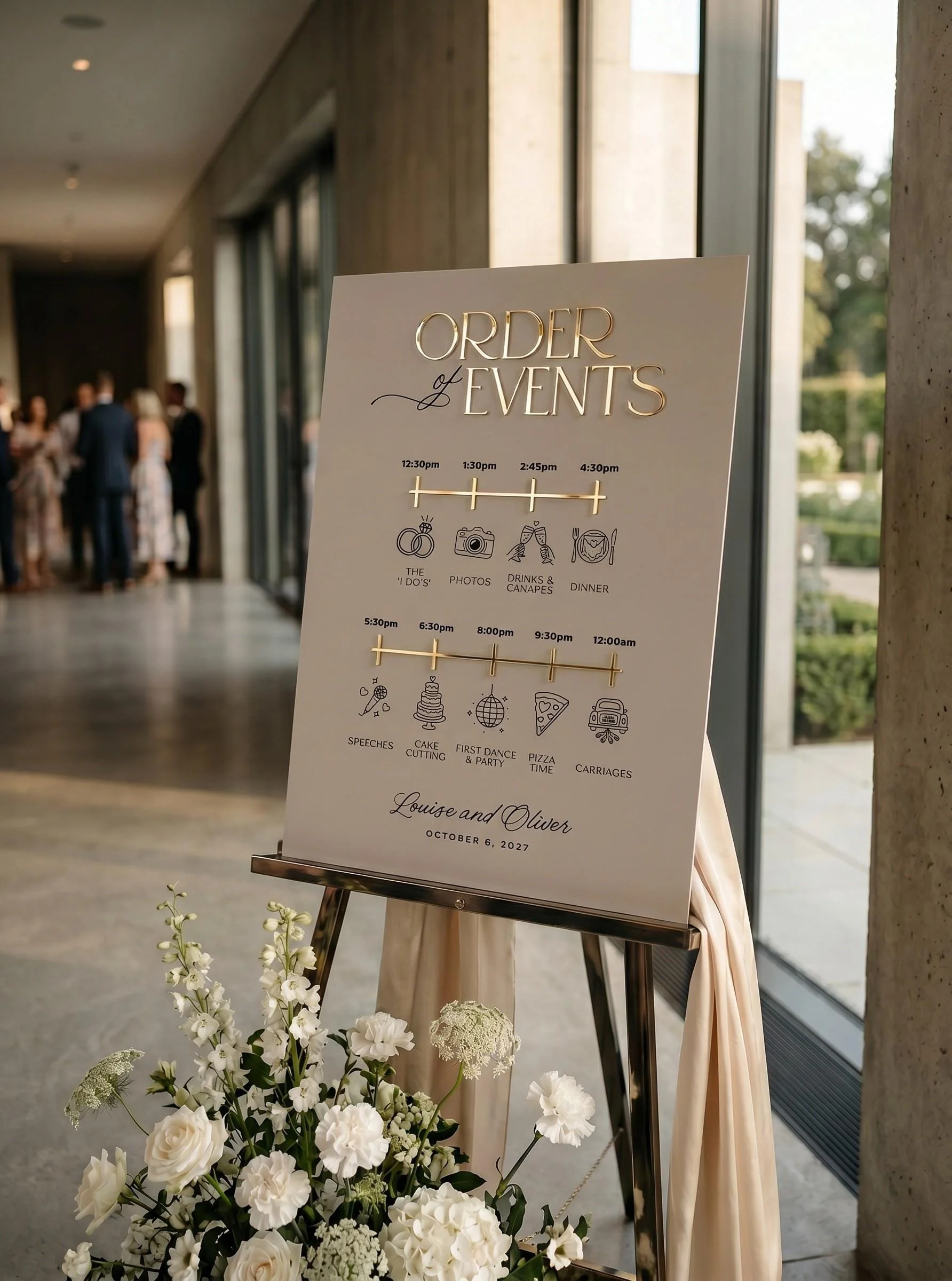 Luxury acrylic wedding timeline sign styled at a modern reception venue