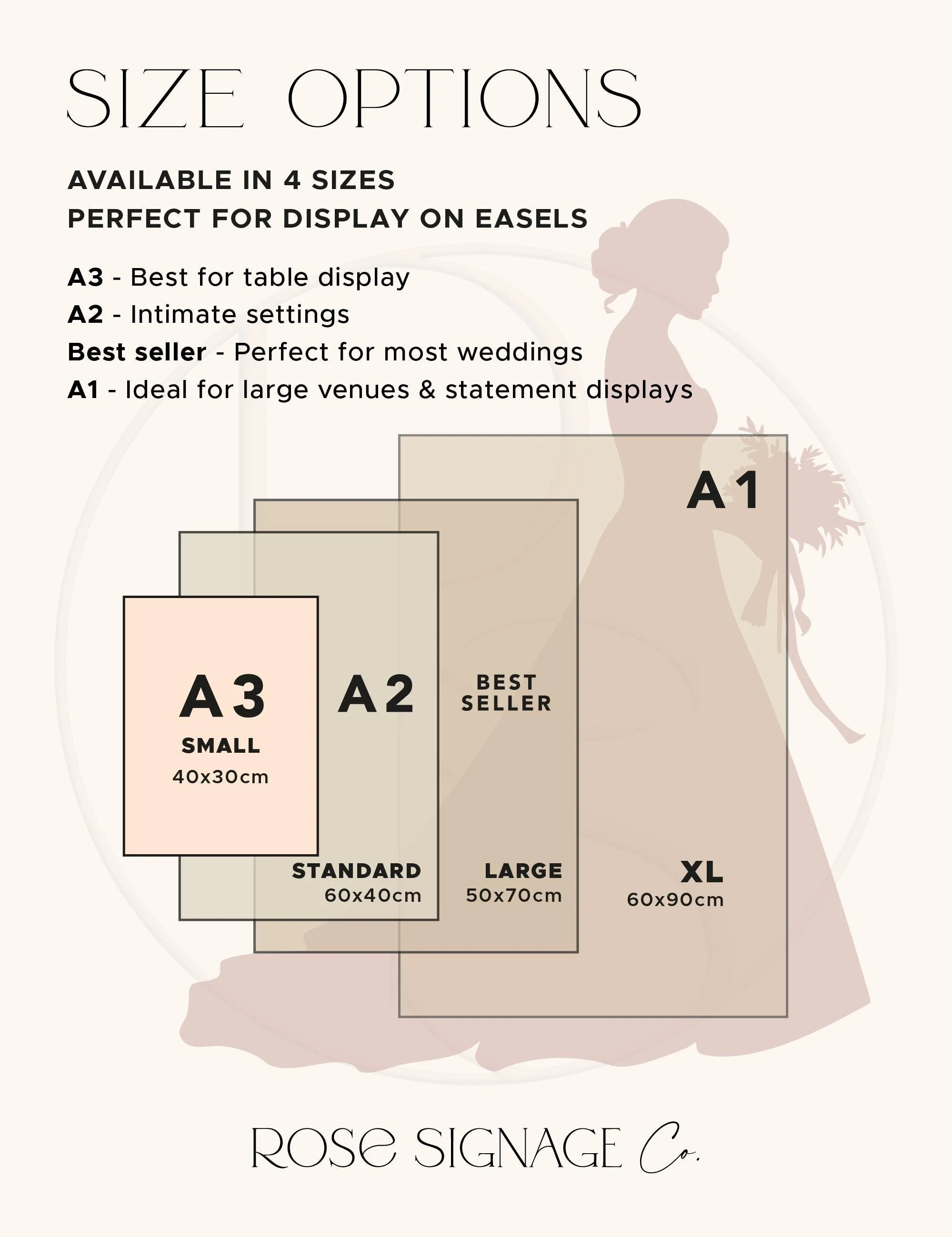 Small, Standard, Large and XL wedding Order of the Day size comparison