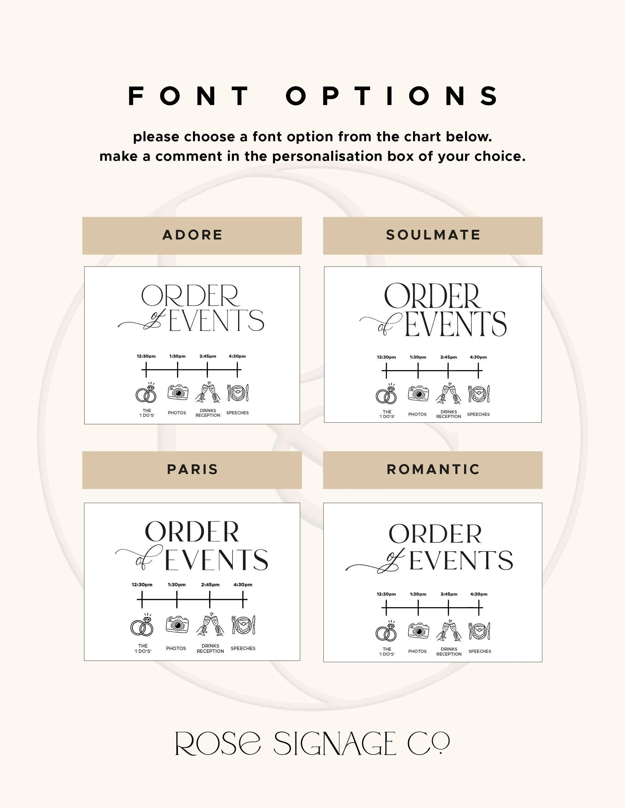 Font options for the personalised acrylic wedding timeline