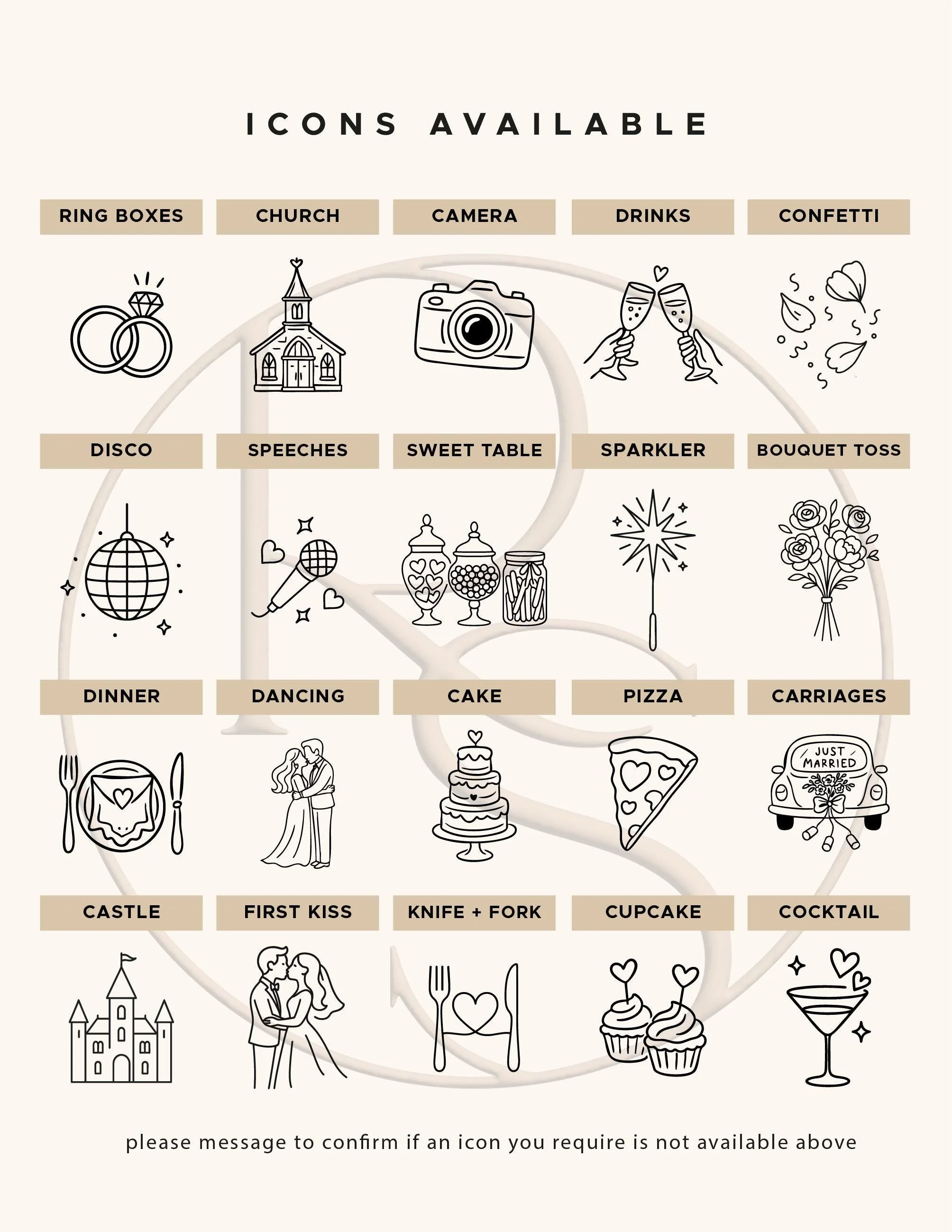 Event icon choices available for the wedding Order of Events sign